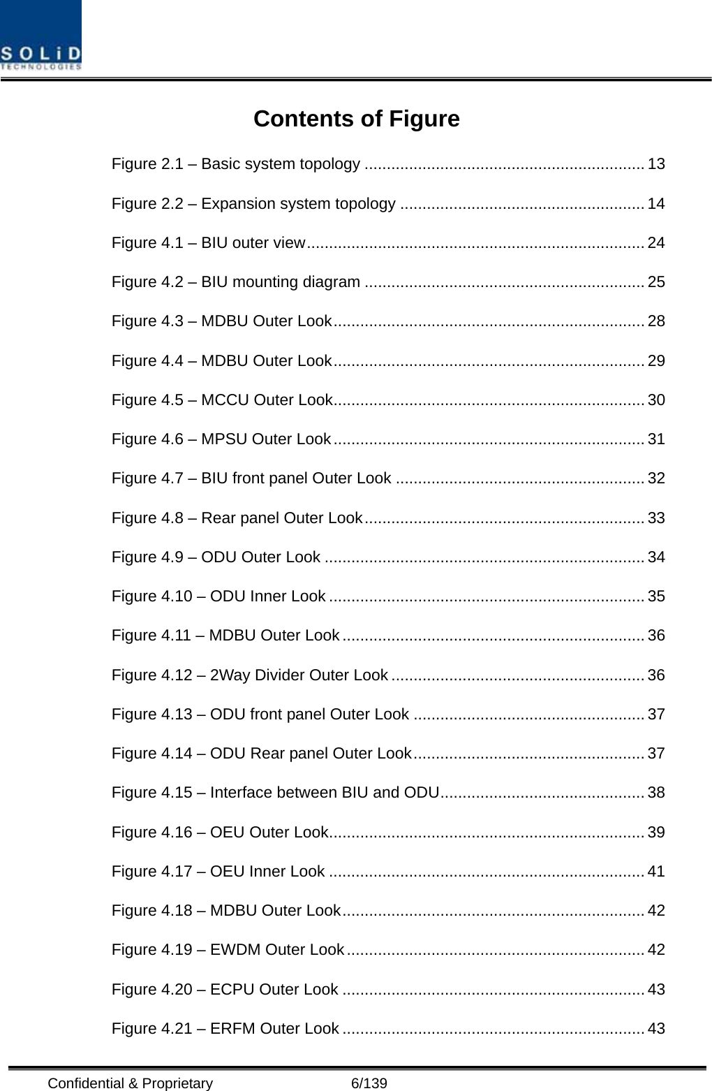  Confidential &amp; Proprietary                   6/139 Contents of Figure Figure 2.1 – Basic system topology ............................................................... 13 Figure 2.2 – Expansion system topology ....................................................... 14 Figure 4.1 – BIU outer view............................................................................ 24 Figure 4.2 – BIU mounting diagram ............................................................... 25 Figure 4.3 – MDBU Outer Look...................................................................... 28 Figure 4.4 – MDBU Outer Look...................................................................... 29 Figure 4.5 – MCCU Outer Look......................................................................30 Figure 4.6 – MPSU Outer Look...................................................................... 31 Figure 4.7 – BIU front panel Outer Look ........................................................ 32 Figure 4.8 – Rear panel Outer Look............................................................... 33 Figure 4.9 – ODU Outer Look ........................................................................ 34 Figure 4.10 – ODU Inner Look ....................................................................... 35 Figure 4.11 – MDBU Outer Look ....................................................................36 Figure 4.12 – 2Way Divider Outer Look ......................................................... 36 Figure 4.13 – ODU front panel Outer Look .................................................... 37 Figure 4.14 – ODU Rear panel Outer Look.................................................... 37 Figure 4.15 – Interface between BIU and ODU..............................................38 Figure 4.16 – OEU Outer Look.......................................................................39 Figure 4.17 – OEU Inner Look ....................................................................... 41 Figure 4.18 – MDBU Outer Look.................................................................... 42 Figure 4.19 – EWDM Outer Look................................................................... 42 Figure 4.20 – ECPU Outer Look .................................................................... 43 Figure 4.21 – ERFM Outer Look .................................................................... 43 