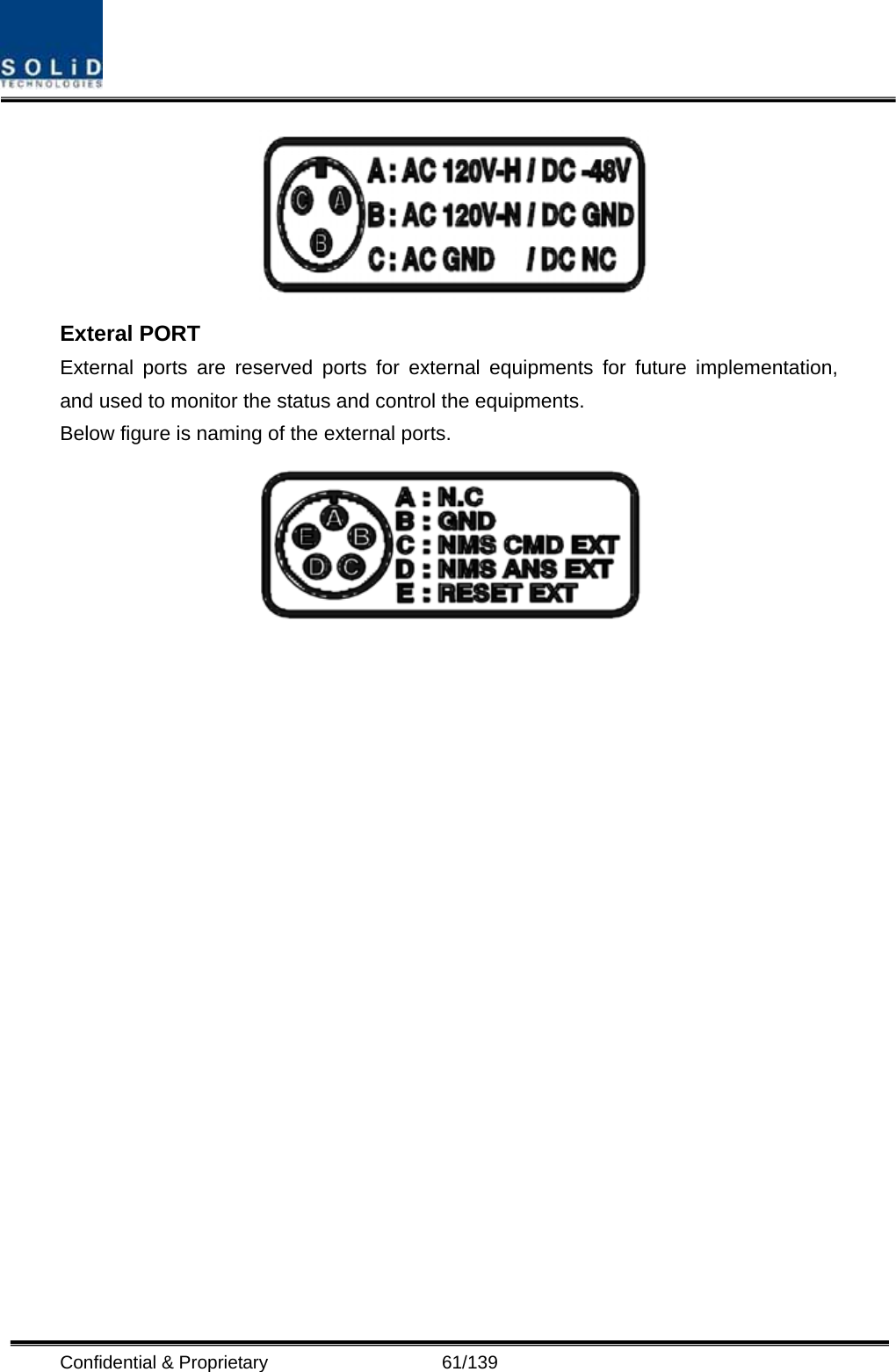  Confidential &amp; Proprietary                   61/139  Exteral PORT External ports are reserved ports for external equipments for future implementation, and used to monitor the status and control the equipments. Below figure is naming of the external ports.   