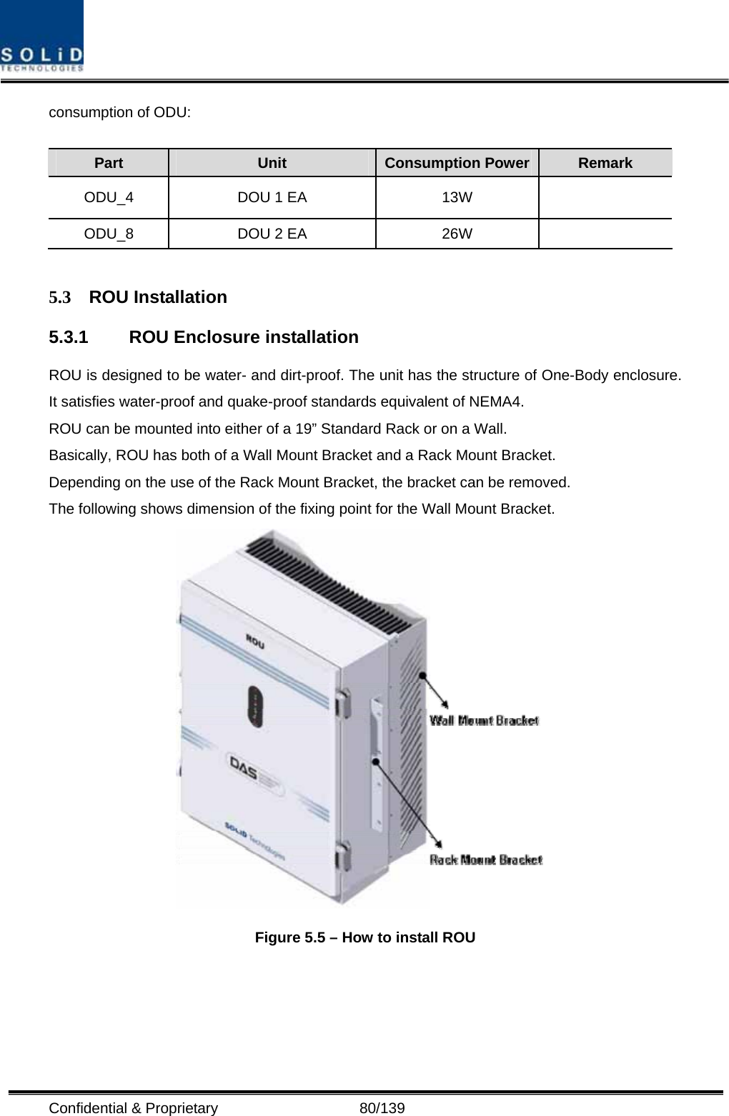  Confidential &amp; Proprietary                   80/139 consumption of ODU:  Part  Unit  Consumption Power Remark ODU_4  DOU 1 EA  13W   ODU_8  DOU 2 EA  26W    5.3 ROU Installation 5.3.1  ROU Enclosure installation ROU is designed to be water- and dirt-proof. The unit has the structure of One-Body enclosure. It satisfies water-proof and quake-proof standards equivalent of NEMA4. ROU can be mounted into either of a 19” Standard Rack or on a Wall.   Basically, ROU has both of a Wall Mount Bracket and a Rack Mount Bracket. Depending on the use of the Rack Mount Bracket, the bracket can be removed. The following shows dimension of the fixing point for the Wall Mount Bracket.  Figure 5.5 – How to install ROU 