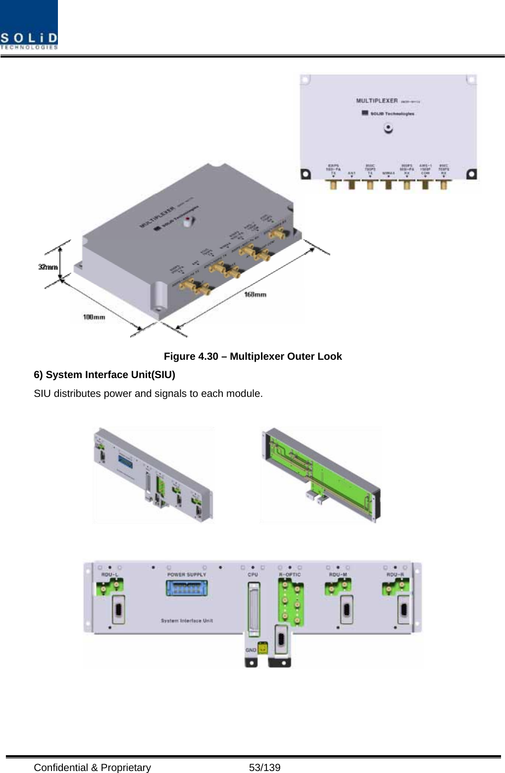  Confidential &amp; Proprietary                   53/139  Figure 4.30 – Multiplexer Outer Look 6) System Interface Unit(SIU) SIU distributes power and signals to each module.   