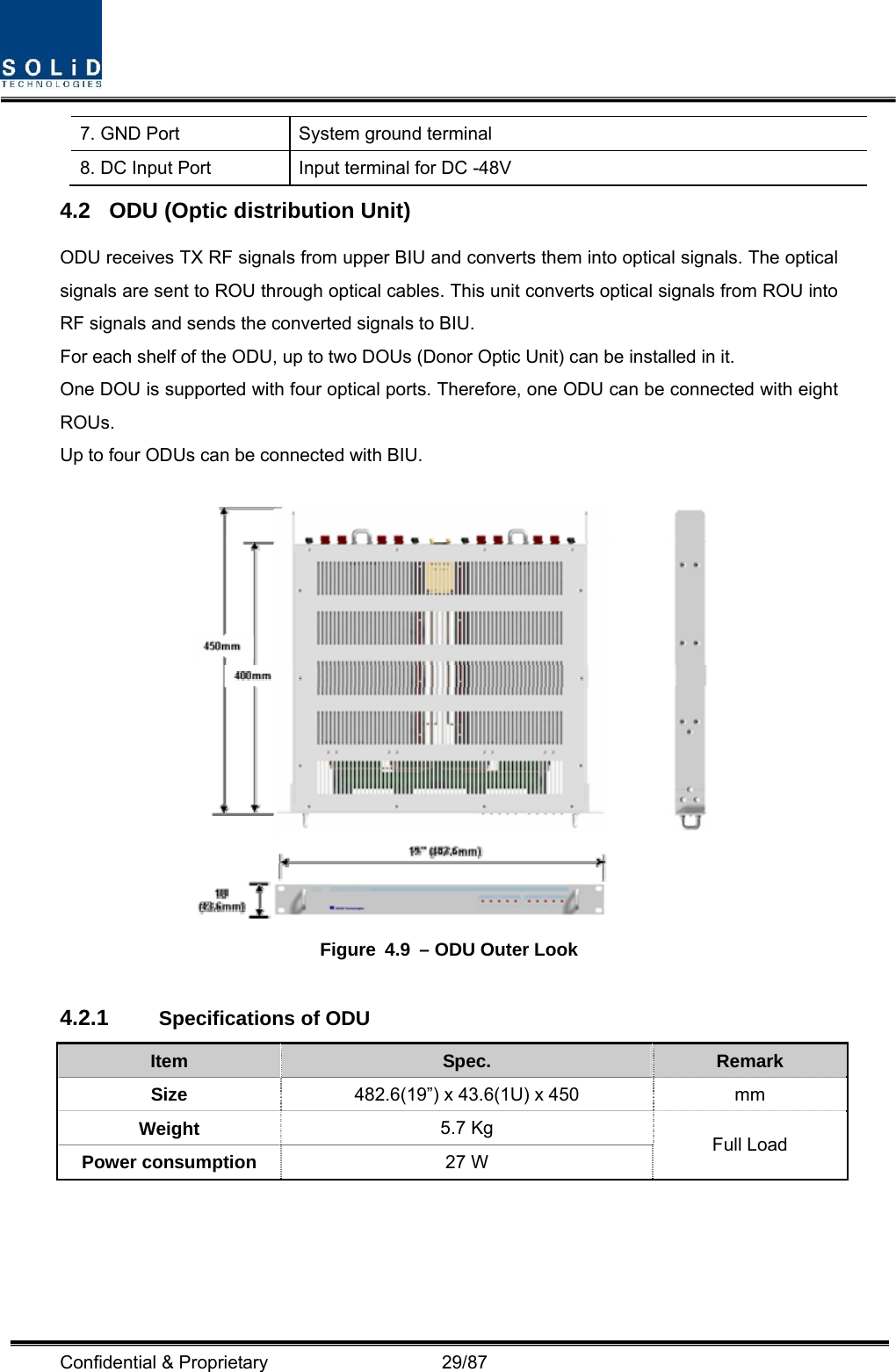  Confidential &amp; Proprietary                   29/87 7. GND Port  System ground terminal 8. DC Input Port  Input terminal for DC -48V 4.2  ODU (Optic distribution Unit) ODU receives TX RF signals from upper BIU and converts them into optical signals. The optical signals are sent to ROU through optical cables. This unit converts optical signals from ROU into RF signals and sends the converted signals to BIU.   For each shelf of the ODU, up to two DOUs (Donor Optic Unit) can be installed in it. One DOU is supported with four optical ports. Therefore, one ODU can be connected with eight ROUs.  Up to four ODUs can be connected with BIU.   Figure  4.9  – ODU Outer Look  4.2.1  Specifications of ODU Item  Spec.  Remark Size  482.6(19”) x 43.6(1U) x 450  mm Weight  5.7 Kg Power consumption  27 W  Full Load 