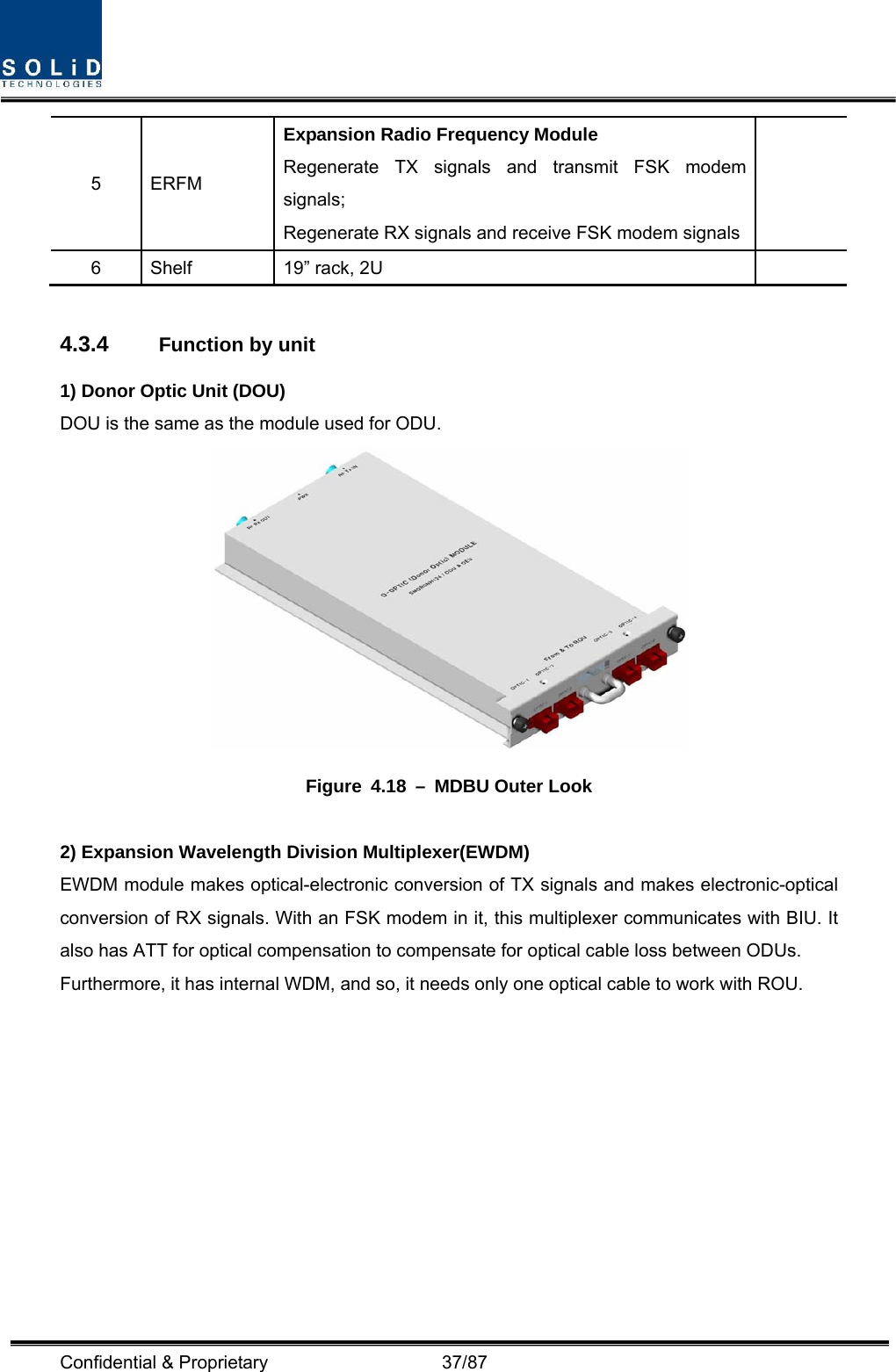  Confidential &amp; Proprietary                   37/87 5 ERFM Expansion Radio Frequency Module Regenerate TX signals and transmit FSK modem signals; Regenerate RX signals and receive FSK modem signals  6  Shelf  19” rack, 2U      4.3.4  Function by unit 1) Donor Optic Unit (DOU) DOU is the same as the module used for ODU.  Figure 4.18 – MDBU Outer Look  2) Expansion Wavelength Division Multiplexer(EWDM) EWDM module makes optical-electronic conversion of TX signals and makes electronic-optical conversion of RX signals. With an FSK modem in it, this multiplexer communicates with BIU. It also has ATT for optical compensation to compensate for optical cable loss between ODUs. Furthermore, it has internal WDM, and so, it needs only one optical cable to work with ROU. 