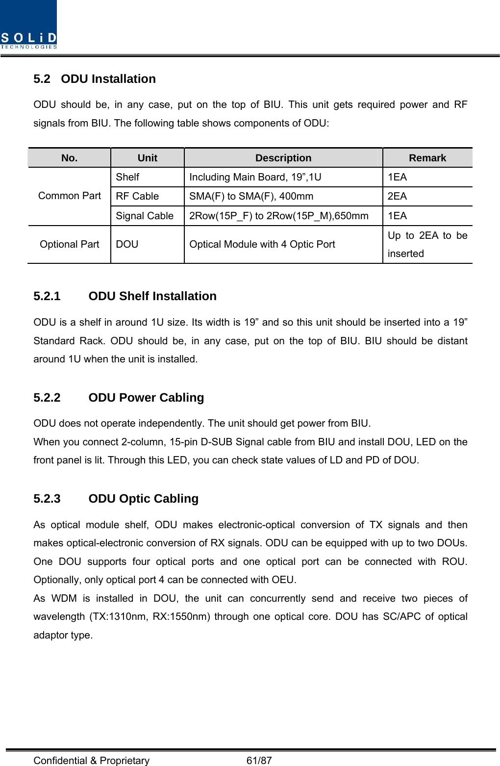  Confidential &amp; Proprietary                   61/87 5.2 ODU Installation ODU should be, in any case, put on the top of BIU. This unit gets required power and RF signals from BIU. The following table shows components of ODU:  No.  Unit  Description  Remark Shelf  Including Main Board, 19”,1U  1EA RF Cable  SMA(F) to SMA(F), 400mm  2EA Common Part Signal Cable  2Row(15P_F) to 2Row(15P_M),650mm  1EA Optional Part  DOU  Optical Module with 4 Optic Port  Up to 2EA to be inserted  5.2.1  ODU Shelf Installation ODU is a shelf in around 1U size. Its width is 19” and so this unit should be inserted into a 19” Standard Rack. ODU should be, in any case, put on the top of BIU. BIU should be distant around 1U when the unit is installed.  5.2.2  ODU Power Cabling ODU does not operate independently. The unit should get power from BIU. When you connect 2-column, 15-pin D-SUB Signal cable from BIU and install DOU, LED on the front panel is lit. Through this LED, you can check state values of LD and PD of DOU.  5.2.3  ODU Optic Cabling As optical module shelf, ODU makes electronic-optical conversion of TX signals and then makes optical-electronic conversion of RX signals. ODU can be equipped with up to two DOUs. One DOU supports four optical ports and one optical port can be connected with ROU. Optionally, only optical port 4 can be connected with OEU. As WDM is installed in DOU, the unit can concurrently send and receive two pieces of wavelength (TX:1310nm, RX:1550nm) through one optical core. DOU has SC/APC of optical adaptor type. 