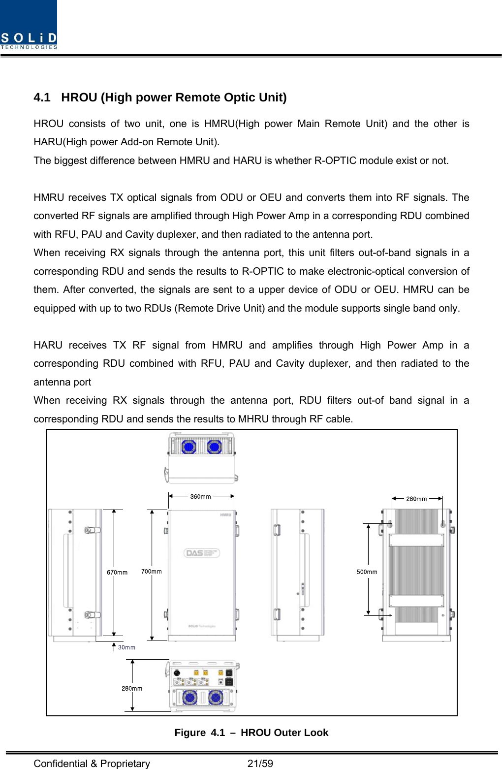  Confidential &amp; Proprietary                   21/59  4.1  HROU (High power Remote Optic Unit) HROU consists of two unit, one is HMRU(High power Main Remote Unit) and the other is HARU(High power Add-on Remote Unit). The biggest difference between HMRU and HARU is whether R-OPTIC module exist or not.  HMRU receives TX optical signals from ODU or OEU and converts them into RF signals. The converted RF signals are amplified through High Power Amp in a corresponding RDU combined with RFU, PAU and Cavity duplexer, and then radiated to the antenna port. When receiving RX signals through the antenna port, this unit filters out-of-band signals in a corresponding RDU and sends the results to R-OPTIC to make electronic-optical conversion of them. After converted, the signals are sent to a upper device of ODU or OEU. HMRU can be equipped with up to two RDUs (Remote Drive Unit) and the module supports single band only.  HARU receives TX RF signal from HMRU and amplifies through High Power Amp in a corresponding RDU combined with RFU, PAU and Cavity duplexer, and then radiated to the antenna port When receiving RX signals through the antenna port, RDU filters out-of band signal in a corresponding RDU and sends the results to MHRU through RF cable. 360mm700mm670mm30mm280mm280mm500mm Figure 4.1 – HROU Outer Look 