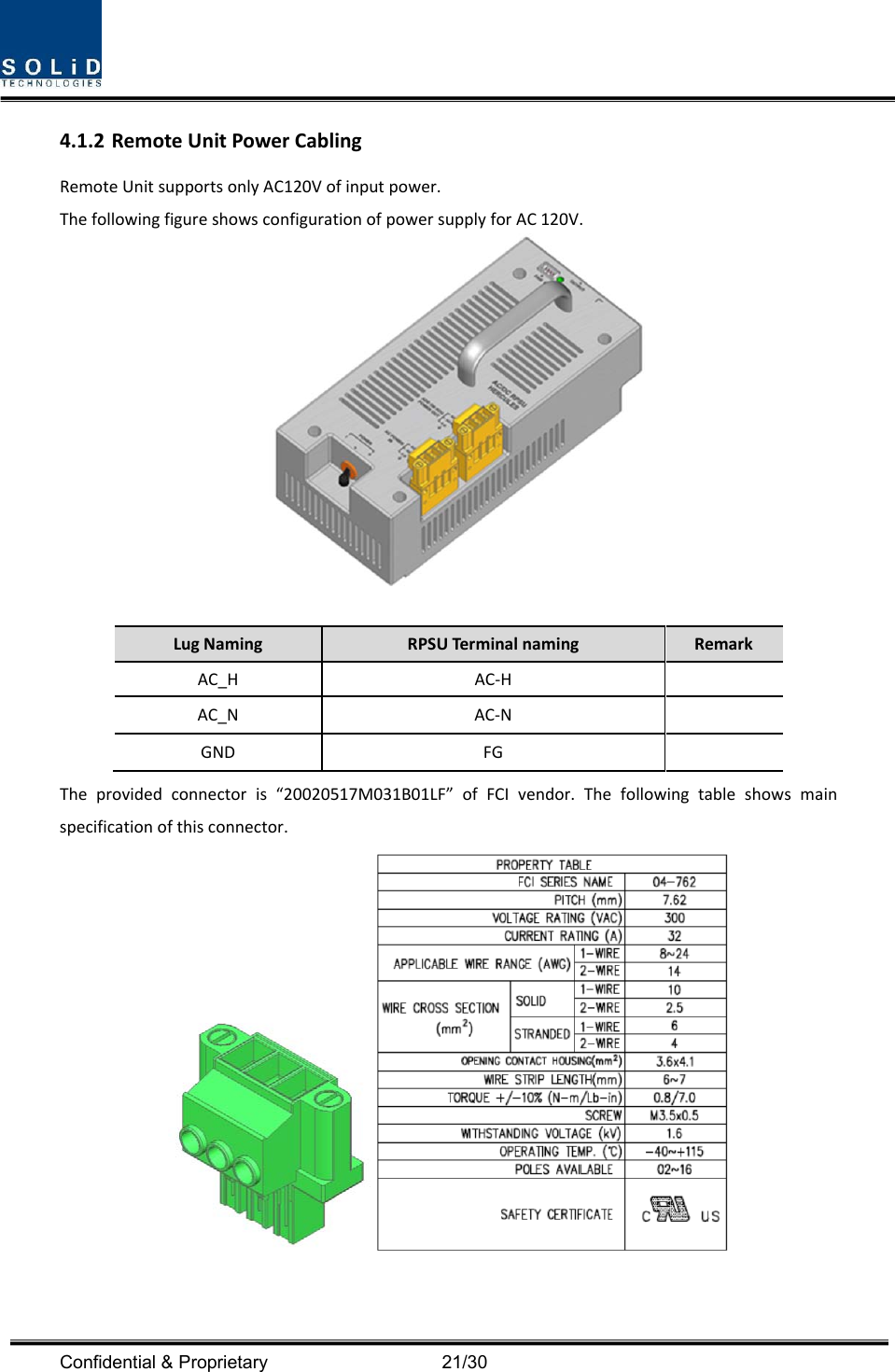  Confidential &amp; Proprietary                                      21/30 4.1.2 RemoteUnitPowerCablingRemoteUnitsupportsonlyAC120Vofinputpower.ThefollowingfigureshowsconfigurationofpowersupplyforAC120V.LugNamingRPSUTerminalnamingRemarkAC_HAC‐HAC_NAC‐NGNDFGTheprovidedconnectoris“20020517M031B01LF”ofFCIvendor.Thefollowingtableshowsmainspecificationofthisconnector.