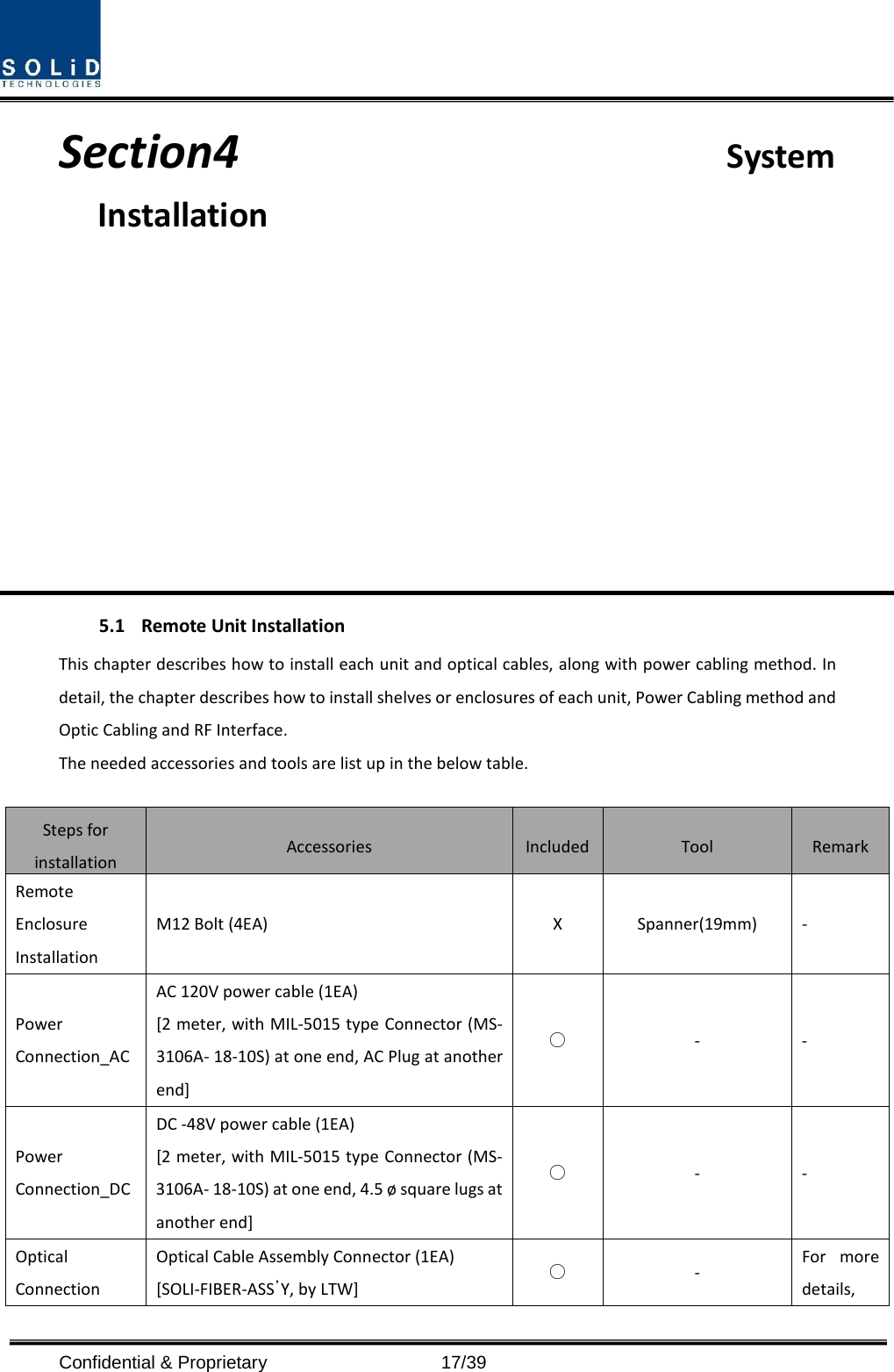  Confidential &amp; Proprietary                   17/39 Section4                          System Installation            5.1 Remote Unit Installation This chapter describes how to install each unit and optical cables, along with power cabling method. In detail, the chapter describes how to install shelves or enclosures of each unit, Power Cabling method and Optic Cabling and RF Interface.   The needed accessories and tools are list up in the below table.  Steps for installation Accessories Included Tool Remark Remote Enclosure Installation M12 Bolt (4EA)  X  Spanner(19mm)  - Power Connection_AC AC 120V power cable (1EA) [2 meter, with MIL-5015 type Connector (MS-3106A- 18-10S) at one end, AC Plug at another end] ○ -  - Power Connection_DC DC -48V power cable (1EA) [2 meter, with MIL-5015 type Connector (MS-3106A- 18-10S) at one end, 4.5 ø square lugs at another end] ○ -  - Optical Connection Optical Cable Assembly Connector (1EA) [SOLI-FIBER-ASS’Y, by LTW]   ○ - For more details, 