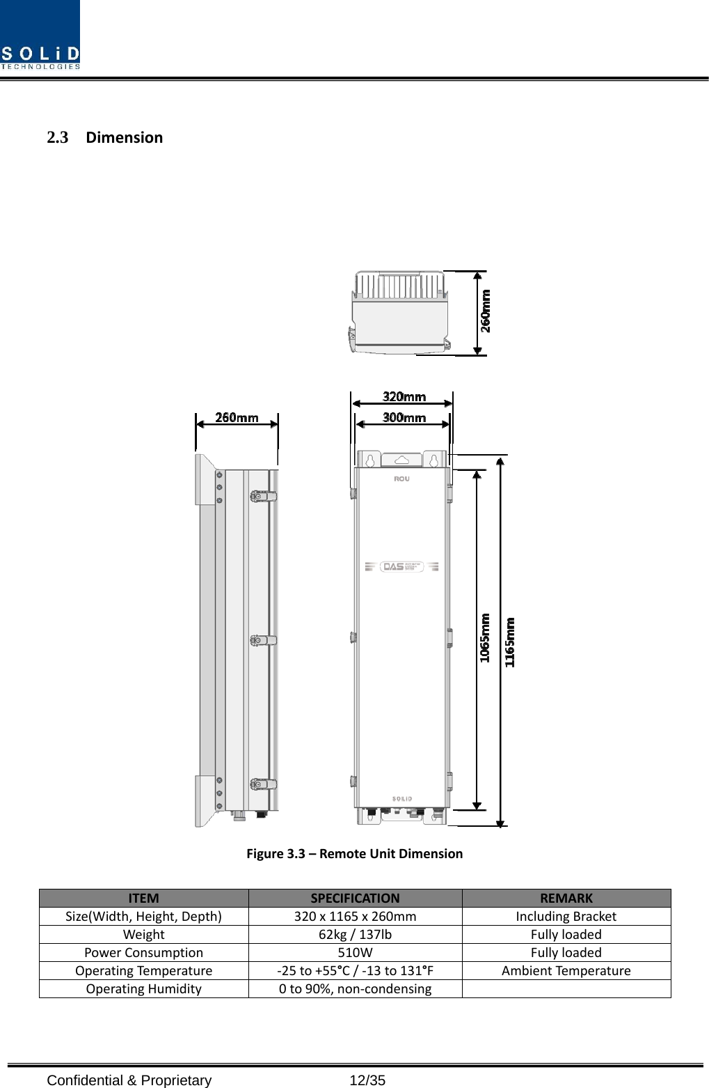  Confidential &amp; Proprietary                   12/35 2.3 DimensionFigure3.3–RemoteUnitDimensionITEMSPECIFICATION REMARKSize(Width,Height,Depth)320x1165x260mm IncludingBracketWeight62kg/137lb FullyloadedPowerConsumption510W FullyloadedOperatingTemperature‐25to+55°C /‐13to131°FAmbientTemperatureOperatingHumidity0to90%,non‐condensing 