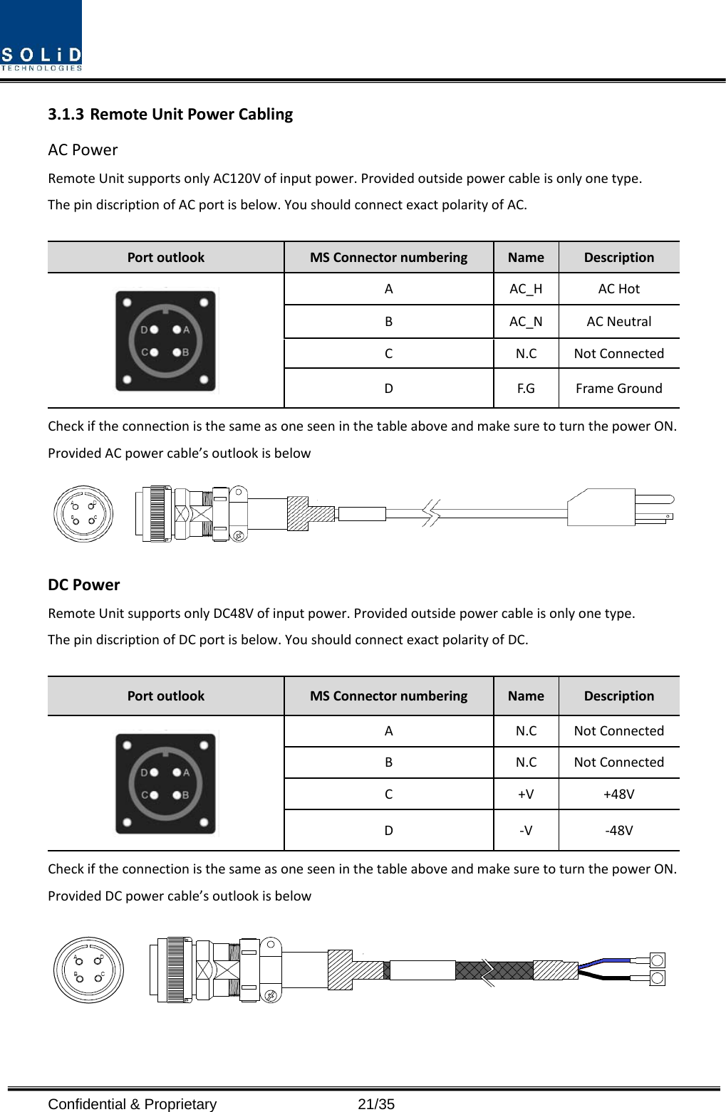  Confidential &amp; Proprietary                   21/35 3.1.3 RemoteUnitPowerCablingACPowerRemoteUnitsupportsonlyAC120Vofinputpower.Providedoutsidepowercableisonlyonetype.ThepindiscriptionofACportisbelow.YoushouldconnectexactpolarityofAC.PortoutlookMSConnectornumberingNameDescriptionAAC_HACHotBAC_NACNeutralCN.CNotConnectedDF.G FrameGroundCheckiftheconnectionisthesameasoneseeninthetableaboveandmakesuretoturnthepowerON.ProvidedACpowercable’soutlookisbelowDCPowerRemoteUnitsupportsonlyDC48Vofinputpower.Providedoutsidepowercableisonlyonetype.ThepindiscriptionofDCportisbelow.YoushouldconnectexactpolarityofDC.PortoutlookMSConnectornumberingNameDescriptionAN.CNotConnectedBN.CNotConnectedC+V+48VD‐V‐48VCheckiftheconnectionisthesameasoneseeninthetableaboveandmakesuretoturnthepowerON.ProvidedDCpowercable’soutlookisbelow