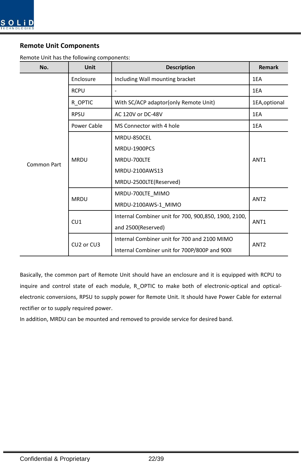  Confidential &amp; Proprietary                   22/39 Remote Unit Components Remote Unit has the following components: No. Unit Description Remark Common Part Enclosure Including Wall mounting bracket 1EA RCPU  -  1EA R_OPTIC With SC/ACP adaptor(only Remote Unit) 1EA,optional RPSU AC 120V or DC-48V 1EA Power Cable MS Connector with 4 hole 1EA MRDU MRDU-850CEL MRDU-1900PCS MRDU-700LTE MRDU-2100AWS13 MRDU-2500LTE(Reserved) ANT1 MRDU MRDU-700LTE_MIMO MRDU-2100AWS-1_MIMO ANT2 CU1 Internal Combiner unit for 700, 900,850, 1900, 2100, and 2500(Reserved) ANT1 CU2 or CU3 Internal Combiner unit for 700 and 2100 MIMO Internal Combiner unit for 700P/800P and 900I ANT2  Basically, the common part of Remote Unit should have an enclosure and it is equipped with RCPU to inquire and control state of each module, R_OPTIC to make both of electronic-optical and optical-electronic conversions, RPSU to supply power for Remote Unit. It should have Power Cable for external rectifier or to supply required power. In addition, MRDU can be mounted and removed to provide service for desired band.           