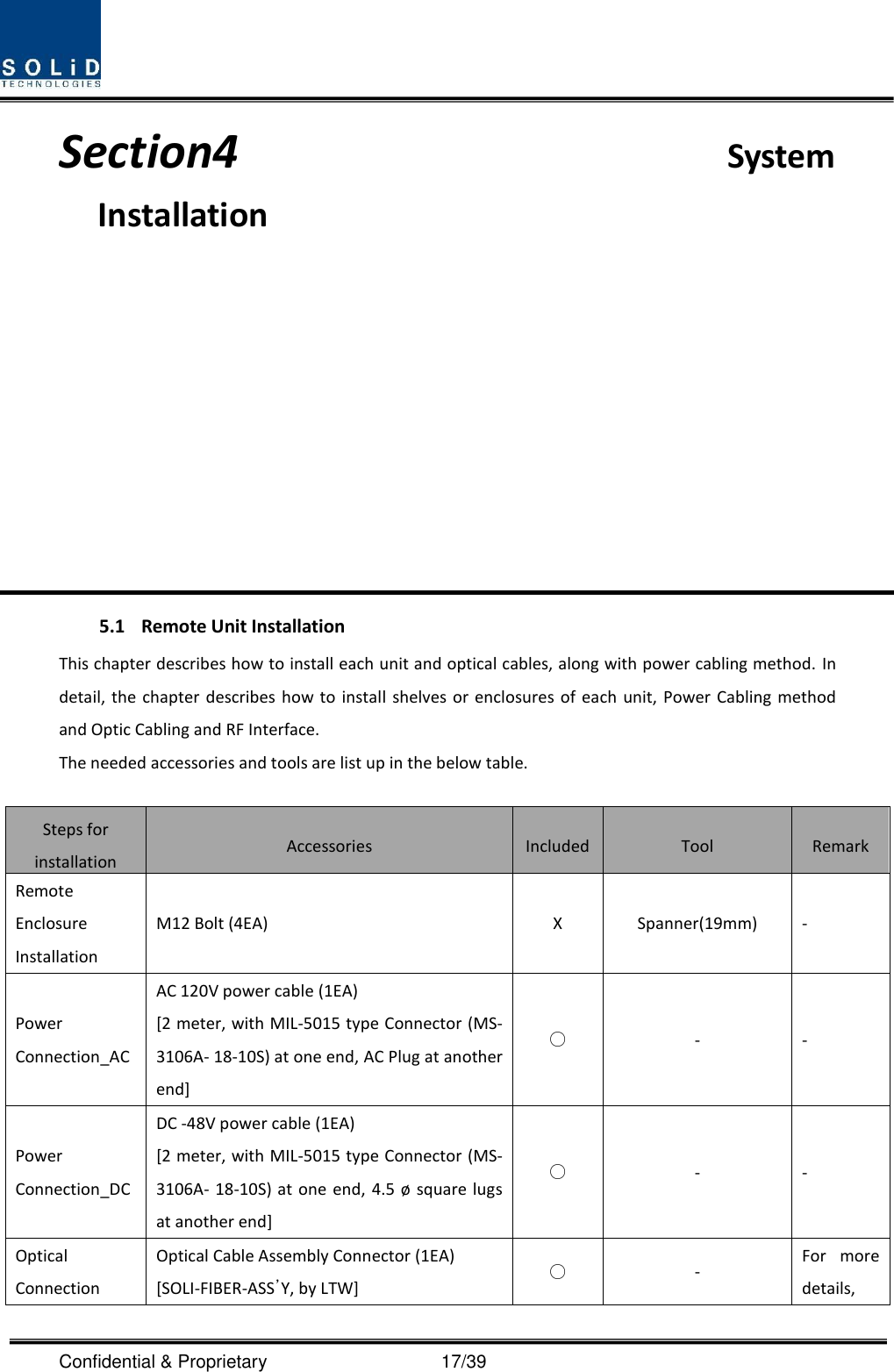  Confidential &amp; Proprietary                                      17/39 Section4                          System Installation            5.1 Remote Unit Installation This chapter describes how to install each unit and optical cables, along with power cabling method. In detail,  the  chapter  describes  how  to  install shelves  or  enclosures of  each  unit, Power  Cabling  method and Optic Cabling and RF Interface.   The needed accessories and tools are list up in the below table.  Steps for installation Accessories Included Tool Remark Remote Enclosure Installation M12 Bolt (4EA) X Spanner(19mm) - Power Connection_AC AC 120V power cable (1EA) [2 meter, with MIL-5015 type Connector (MS-3106A- 18-10S) at one end, AC Plug at another end] ○ - - Power Connection_DC DC -48V power cable (1EA) [2 meter, with MIL-5015 type Connector (MS-3106A- 18-10S) at one end,  4.5  ø square lugs at another end] ○ - - Optical Connection Optical Cable Assembly Connector (1EA) [SOLI-FIBER-ASS’Y, by LTW]   ○ - For  more details, 