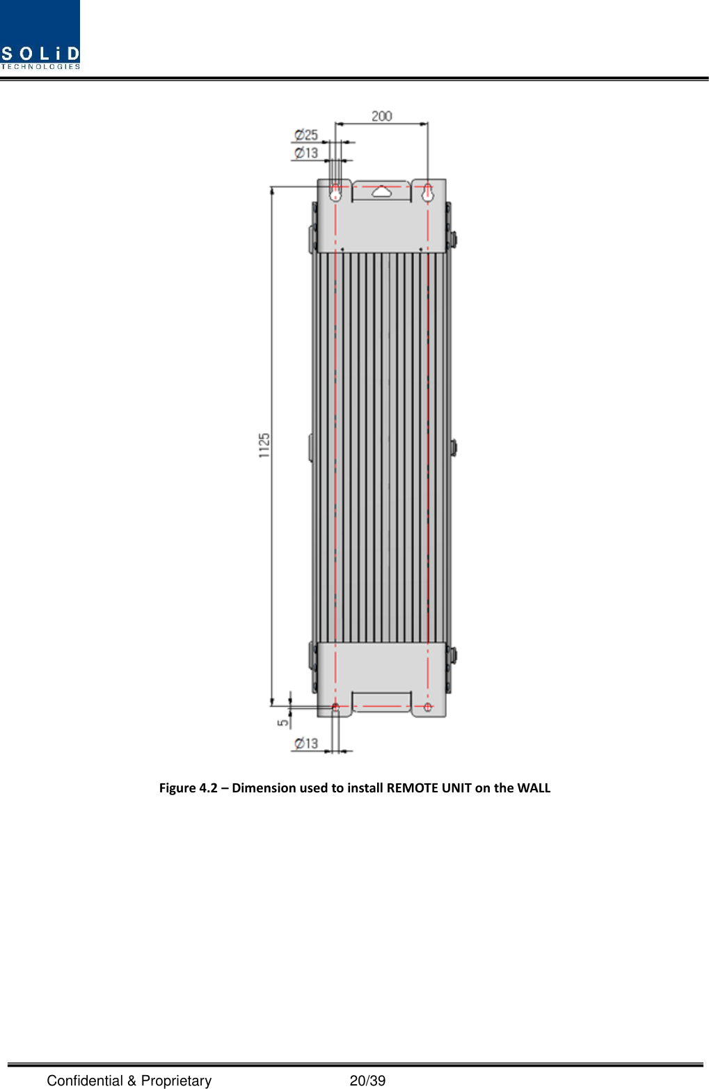  Confidential &amp; Proprietary                                      20/39  Figure 4.2 – Dimension used to install REMOTE UNIT on the WALL       