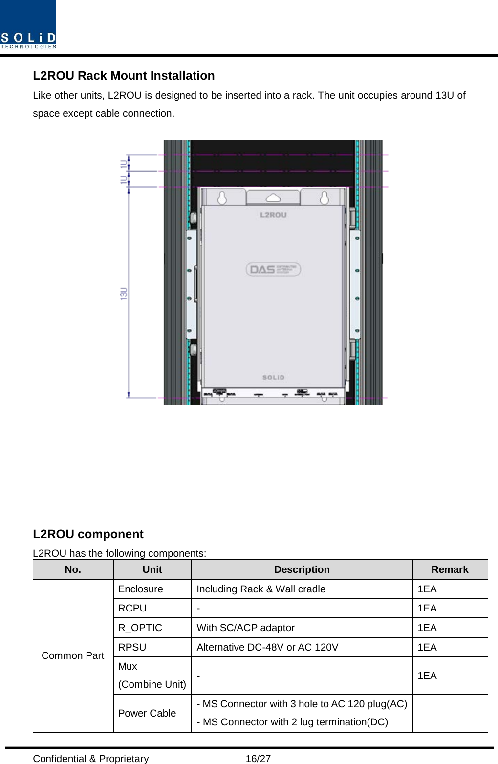  Confidential &amp; Proprietary                   16/27 L2ROU Rack Mount Installation Like other units, L2ROU is designed to be inserted into a rack. The unit occupies around 13U of space except cable connection.                       L2ROU component L2ROU has the following components: No. Unit Description Remark Common Part Enclosure Including Rack &amp; Wall cradle 1EA RCPU  -  1EA R_OPTIC With SC/ACP adaptor 1EA RPSU Alternative DC-48V or AC 120V   1EA Mux (Combine Unit) -  1EA Power Cable - MS Connector with 3 hole to AC 120 plug(AC) - MS Connector with 2 lug termination(DC)  