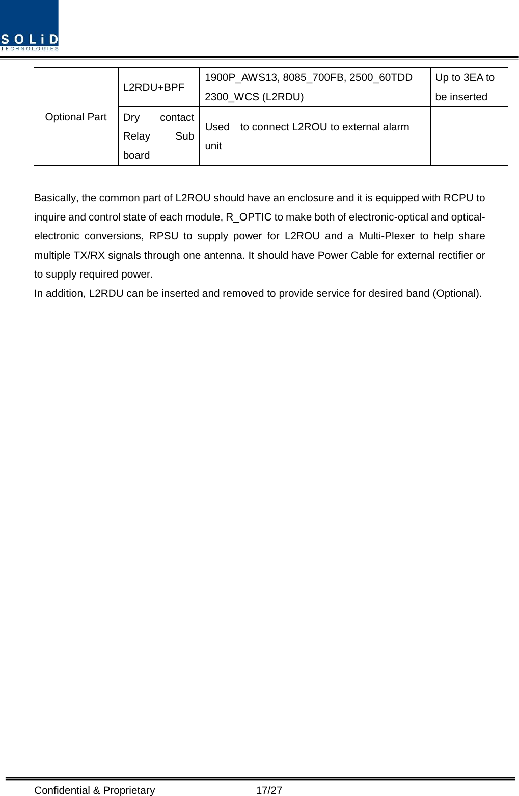  Confidential &amp; Proprietary                   17/27 Optional Part L2RDU+BPF 1900P_AWS13, 8085_700FB, 2500_60TDD 2300_WCS (L2RDU) Up to 3EA to be inserted Dry contact Relay Sub board Used    to connect L2ROU to external alarm unit   Basically, the common part of L2ROU should have an enclosure and it is equipped with RCPU to inquire and control state of each module, R_OPTIC to make both of electronic-optical and optical-electronic conversions, RPSU to supply power for L2ROU and a Multi-Plexer to help share multiple TX/RX signals through one antenna. It should have Power Cable for external rectifier or to supply required power. In addition, L2RDU can be inserted and removed to provide service for desired band (Optional).                         