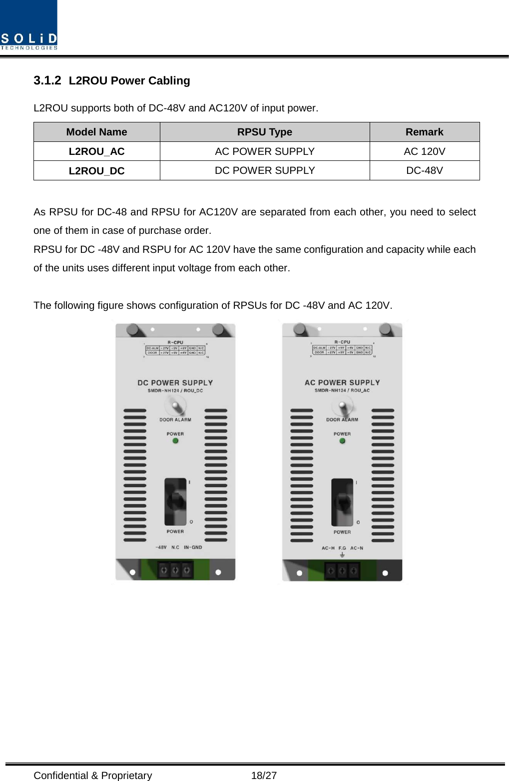  Confidential &amp; Proprietary                   18/27 3.1.2  L2ROU Power Cabling L2ROU supports both of DC-48V and AC120V of input power. Model Name  RPSU Type Remark L2ROU_AC AC POWER SUPPLY AC 120V L2ROU_DC DC POWER SUPPLY DC-48V  As RPSU for DC-48 and RPSU for AC120V are separated from each other, you need to select one of them in case of purchase order. RPSU for DC -48V and RSPU for AC 120V have the same configuration and capacity while each of the units uses different input voltage from each other.  The following figure shows configuration of RPSUs for DC -48V and AC 120V.            