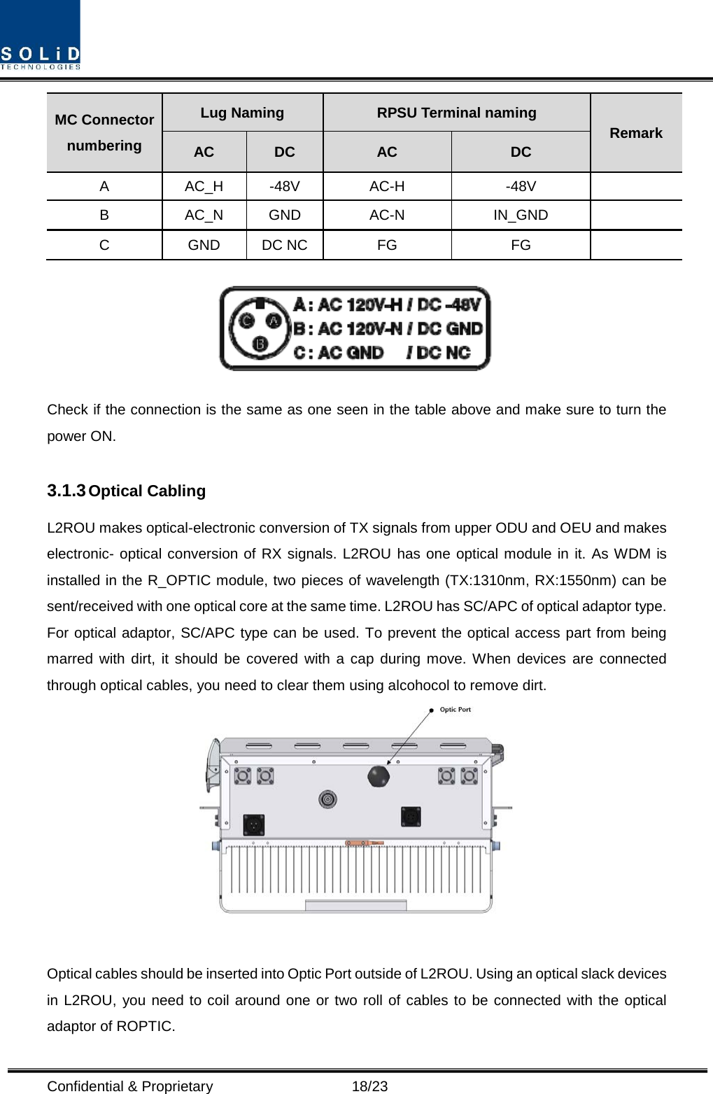  Confidential &amp; Proprietary                      18/23 MC Connector numbering Lug Naming RPSU Terminal naming Remark AC DC AC DC A  AC_H  -48V AC-H  -48V   B  AC_N GND AC-N  IN_GND   C  GND DC NC FG FG    Check if the connection is the same as one seen in the table above and make sure to turn the power ON.  3.1.3 Optical Cabling L2ROU makes optical-electronic conversion of TX signals from upper ODU and OEU and makes electronic- optical conversion of RX signals. L2ROU has one optical module in it. As WDM is installed in the R_OPTIC module, two pieces of wavelength (TX:1310nm, RX:1550nm) can be sent/received with one optical core at the same time. L2ROU has SC/APC of optical adaptor type. For optical adaptor, SC/APC type can be used. To prevent the optical access part from being marred with dirt, it should be covered with a cap during move. When devices are connected through optical cables, you need to clear them using alcohocol to remove dirt.   Optical cables should be inserted into Optic Port outside of L2ROU. Using an optical slack devices in L2ROU, you need to coil around one or two roll of cables to be connected with the optical adaptor of ROPTIC. 