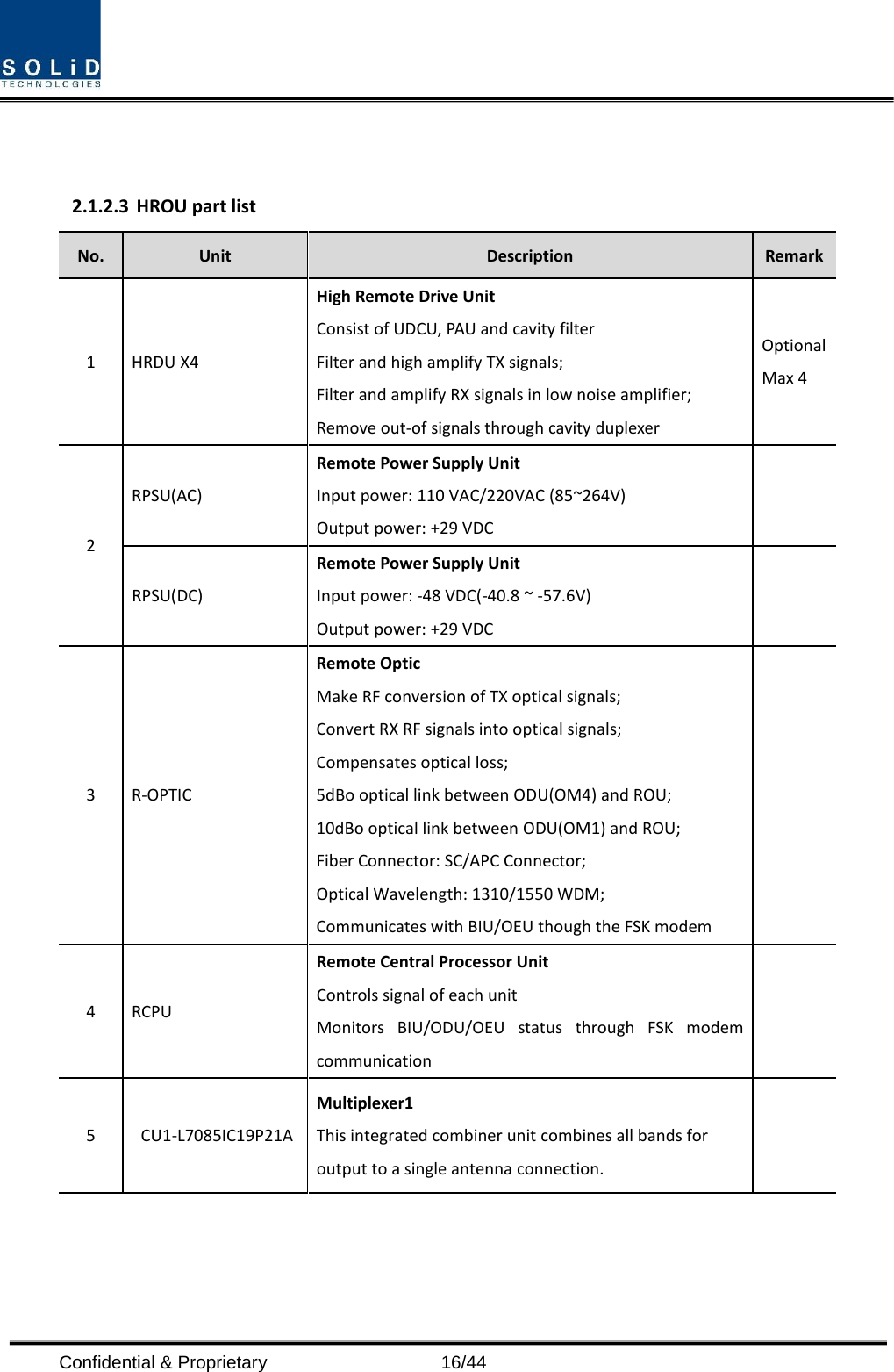  Confidential &amp; Proprietary                   16/44   2.1.2.3 HROU part list No. Unit Description Remark 1  HRDU X4 High Remote Drive Unit Consist of UDCU, PAU and cavity filter Filter and high amplify TX signals; Filter and amplify RX signals in low noise amplifier; Remove out-of signals through cavity duplexer Optional Max 4 2 RPSU(AC) Remote Power Supply Unit Input power: 110 VAC/220VAC (85~264V) Output power: +29 VDC  RPSU(DC) Remote Power Supply Unit Input power: -48 VDC(-40.8 ~ -57.6V) Output power: +29 VDC  3  R-OPTIC Remote Optic Make RF conversion of TX optical signals; Convert RX RF signals into optical signals;   Compensates optical loss; 5dBo optical link between ODU(OM4) and ROU; 10dBo optical link between ODU(OM1) and ROU; Fiber Connector: SC/APC Connector; Optical Wavelength: 1310/1550 WDM; Communicates with BIU/OEU though the FSK modem  4  RCPU Remote Central Processor Unit Controls signal of each unit Monitors BIU/ODU/OEU status through FSK modem communication  5  CU1-L7085IC19P21A Multiplexer1 This integrated combiner unit combines all bands for output to a single antenna connection.  