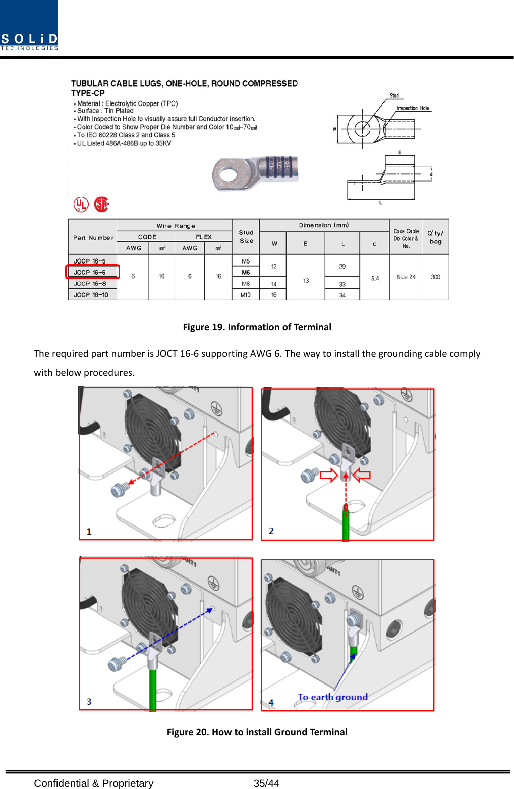  Confidential &amp; Proprietary                   35/44  Figure 19. Information of Terminal The required part number is JOCT 16-6 supporting AWG 6. The way to install the grounding cable comply with below procedures.     Figure 20. How to install Ground Terminal  