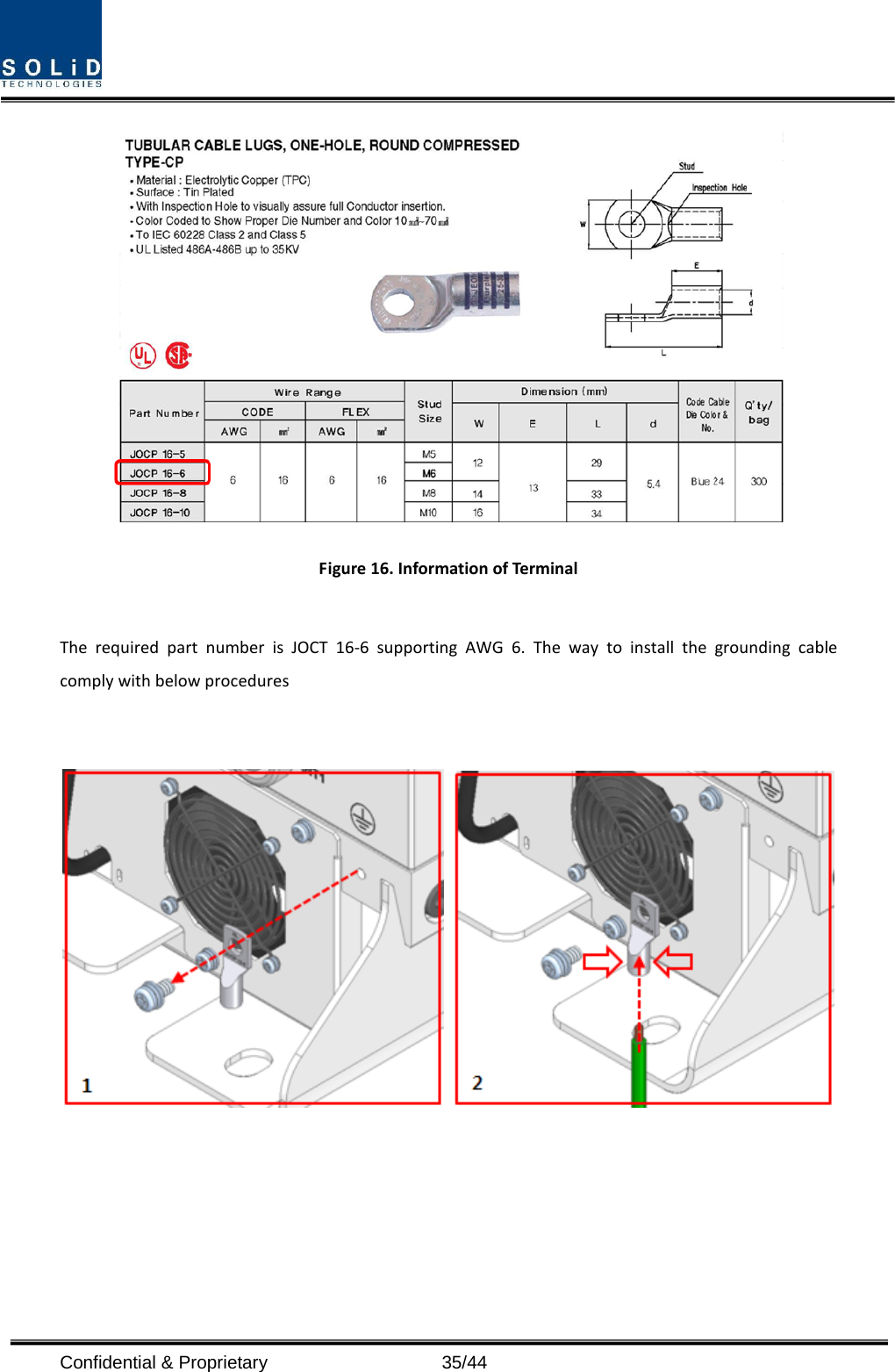   Figure 16. Information of Terminal  The required part number is JOCT 16-6 supporting AWG 6. The way to install the grounding cable comply with below procedures     Confidential &amp; Proprietary                   35/44 