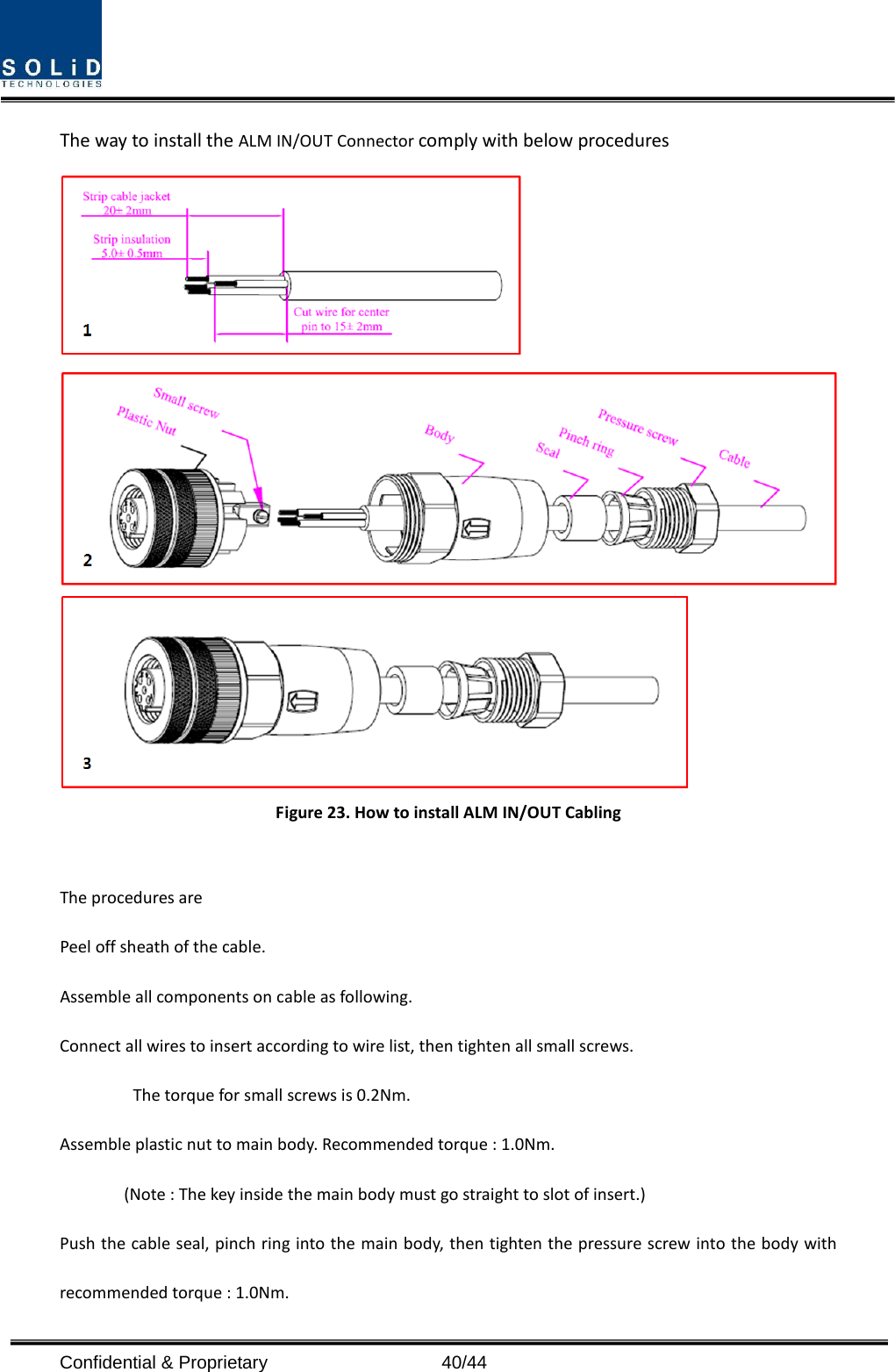  The way to install the ALM IN/OUT Connector comply with below procedures    Figure 23. How to install ALM IN/OUT Cabling  The procedures are Peel off sheath of the cable. Assemble all components on cable as following. Connect all wires to insert according to wire list, then tighten all small screws.         The torque for small screws is 0.2Nm. Assemble plastic nut to main body. Recommended torque : 1.0Nm.        (Note : The key inside the main body must go straight to slot of insert.) Push the cable seal, pinch ring into the main body, then tighten the pressure screw into the body with recommended torque : 1.0Nm. Confidential &amp; Proprietary                   40/44 