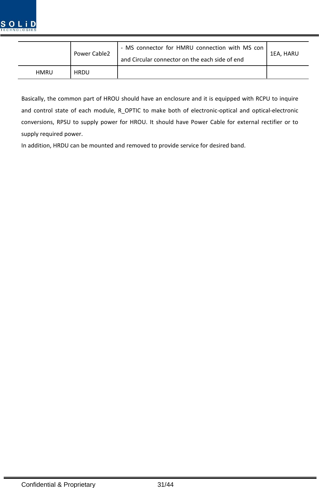  Power Cable2 - MS connector for HMRU connection with MS con and Circular connector on the each side of end 1EA, HARU HMRU HRDU      Basically, the common part of HROU should have an enclosure and it is equipped with RCPU to inquire and control state of each module, R_OPTIC to make both of electronic-optical and optical-electronic conversions, RPSU to supply power for HROU. It should have Power Cable for external rectifier or to supply required power. In addition, HRDU can be mounted and removed to provide service for desired band. Confidential &amp; Proprietary                   31/44 