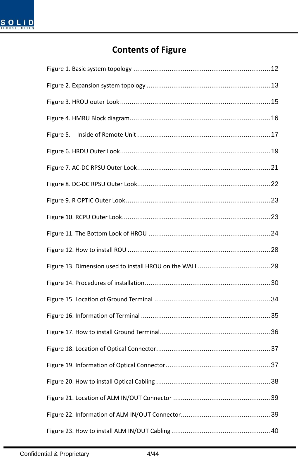  Contents of Figure Figure 1. Basic system topology ........................................................................ 12 Figure 2. Expansion system topology ................................................................. 13 Figure 3. HROU outer Look ............................................................................... 15 Figure 4. HMRU Block diagram.......................................................................... 16 Figure 5.    Inside of Remote Unit ...................................................................... 17 Figure 6. HRDU Outer Look ............................................................................... 19 Figure 7. AC-DC RPSU Outer Look ...................................................................... 21 Figure 8. DC-DC RPSU Outer Look ...................................................................... 22 Figure 9. R OPTIC Outer Look ............................................................................ 23 Figure 10. RCPU Outer Look.............................................................................. 23 Figure 11. The Bottom Look of HROU ................................................................ 24 Figure 12. How to install ROU ........................................................................... 28 Figure 13. Dimension used to install HROU on the WALL ...................................... 29 Figure 14. Procedures of installation .................................................................. 30 Figure 15. Location of Ground Terminal ............................................................. 34 Figure 16. Information of Terminal .................................................................... 35 Figure 17. How to install Ground Terminal .......................................................... 36 Figure 18. Location of Optical Connector ............................................................ 37 Figure 19. Information of Optical Connector ....................................................... 37 Figure 20. How to install Optical Cabling ............................................................ 38 Figure 21. Location of ALM IN/OUT Connector ................................................... 39 Figure 22. Information of ALM IN/OUT Connector ............................................... 39 Figure 23. How to install ALM IN/OUT Cabling .................................................... 40 Confidential &amp; Proprietary                    4/44 