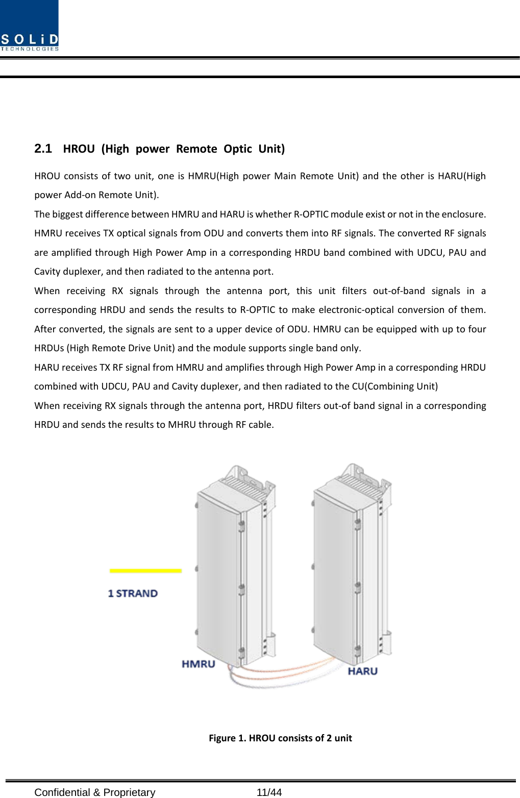  Confidential &amp; Proprietary                   11/44    2.1 HROU (High power Remote Optic Unit) HROU consists of two unit, one is HMRU(High power Main Remote Unit) and the other is HARU(High power Add-on Remote Unit). The biggest difference between HMRU and HARU is whether R-OPTIC module exist or not in the enclosure. HMRU receives TX optical signals from ODU and converts them into RF signals. The converted RF signals are amplified through High Power Amp in a corresponding HRDU band combined with UDCU, PAU and Cavity duplexer, and then radiated to the antenna port. When receiving RX signals through the antenna port, this unit filters out-of-band signals in a corresponding HRDU and sends the results to R-OPTIC to make electronic-optical conversion of them. After converted, the signals are sent to a upper device of ODU. HMRU can be equipped with up to four HRDUs (High Remote Drive Unit) and the module supports single band only. HARU receives TX RF signal from HMRU and amplifies through High Power Amp in a corresponding HRDU combined with UDCU, PAU and Cavity duplexer, and then radiated to the CU(Combining Unit) When receiving RX signals through the antenna port, HRDU filters out-of band signal in a corresponding HRDU and sends the results to MHRU through RF cable.     Figure 1. HROU consists of 2 unit 