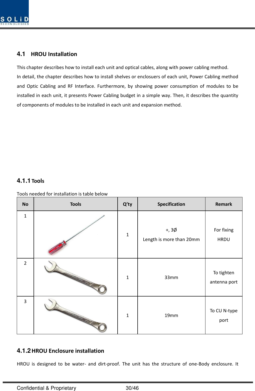  Confidential &amp; Proprietary                                      30/46  4.1  HROU Installation This chapter describes how to install each unit and optical cables, along with power cabling method. In detail, the chapter describes how to install shelves or enclosuers of each unit, Power Cabling method and  Optic  Cabling  and  RF  Interface.  Furthermore,  by  showing  power  consumption  of  modules  to  be installed in each unit, it presents Power Cabling budget in a simple way. Then, it describes the quantity of components of modules to be installed in each unit and expansion method.        4.1.1 Tools Tools needed for installation is table below No Tools Q’ty Specification Remark 1  1 +, 3Ø  Length is more than 20mm For fixing HRDU 2  1 33mm To tighten antenna port 3  1 19mm To CU N-type port  4.1.2 HROU Enclosure installation HROU  is  designed  to  be  water-  and  dirt-proof.  The  unit  has  the  structure  of  one-Body  enclosure.  It 