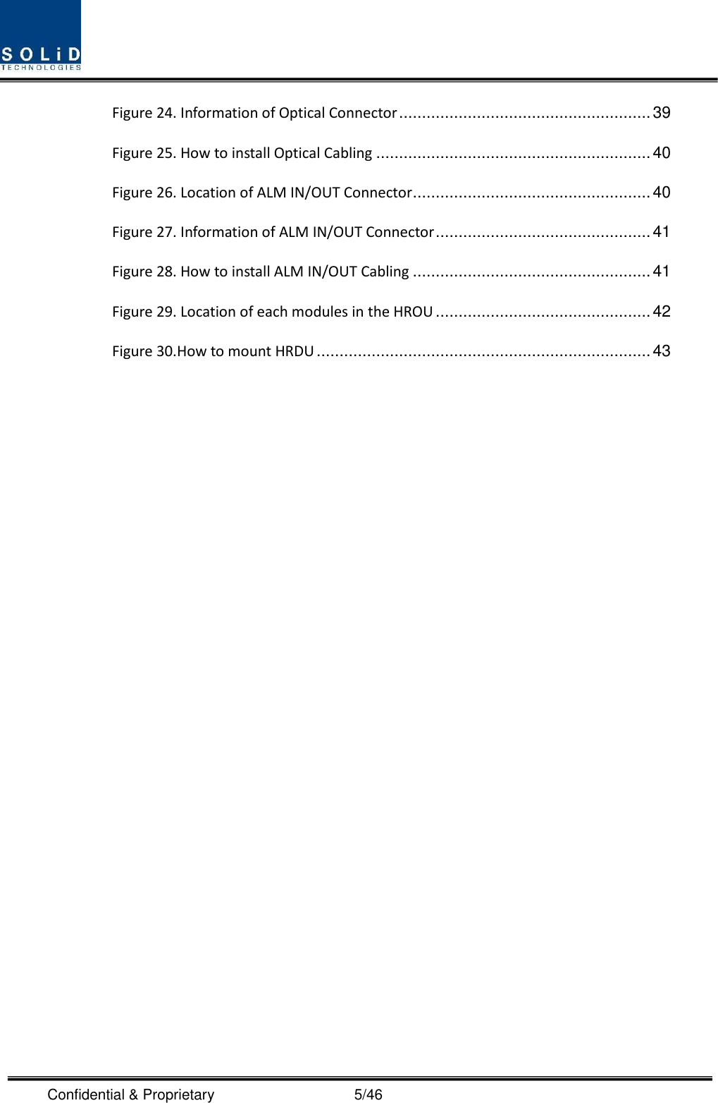  Confidential &amp; Proprietary                                      5/46 Figure 24. Information of Optical Connector ....................................................... 39 Figure 25. How to install Optical Cabling ............................................................ 40 Figure 26. Location of ALM IN/OUT Connector .................................................... 40 Figure 27. Information of ALM IN/OUT Connector ............................................... 41 Figure 28. How to install ALM IN/OUT Cabling .................................................... 41 Figure 29. Location of each modules in the HROU ............................................... 42 Figure 30.How to mount HRDU ......................................................................... 43          