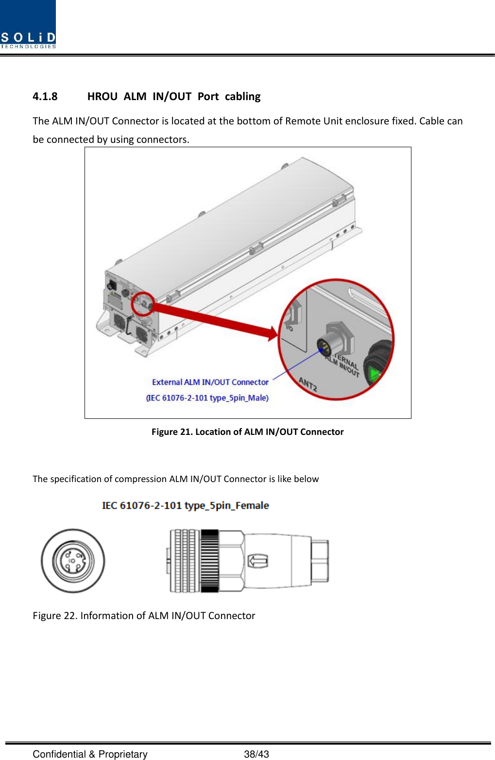  Confidential &amp; Proprietary                                      38/43  4.1.8 HROU  ALM  IN/OUT  Port  cabling The ALM IN/OUT Connector is located at the bottom of Remote Unit enclosure fixed. Cable can be connected by using connectors.  Figure 21. Location of ALM IN/OUT Connector  The specification of compression ALM IN/OUT Connector is like below  Figure 22. Information of ALM IN/OUT Connector    