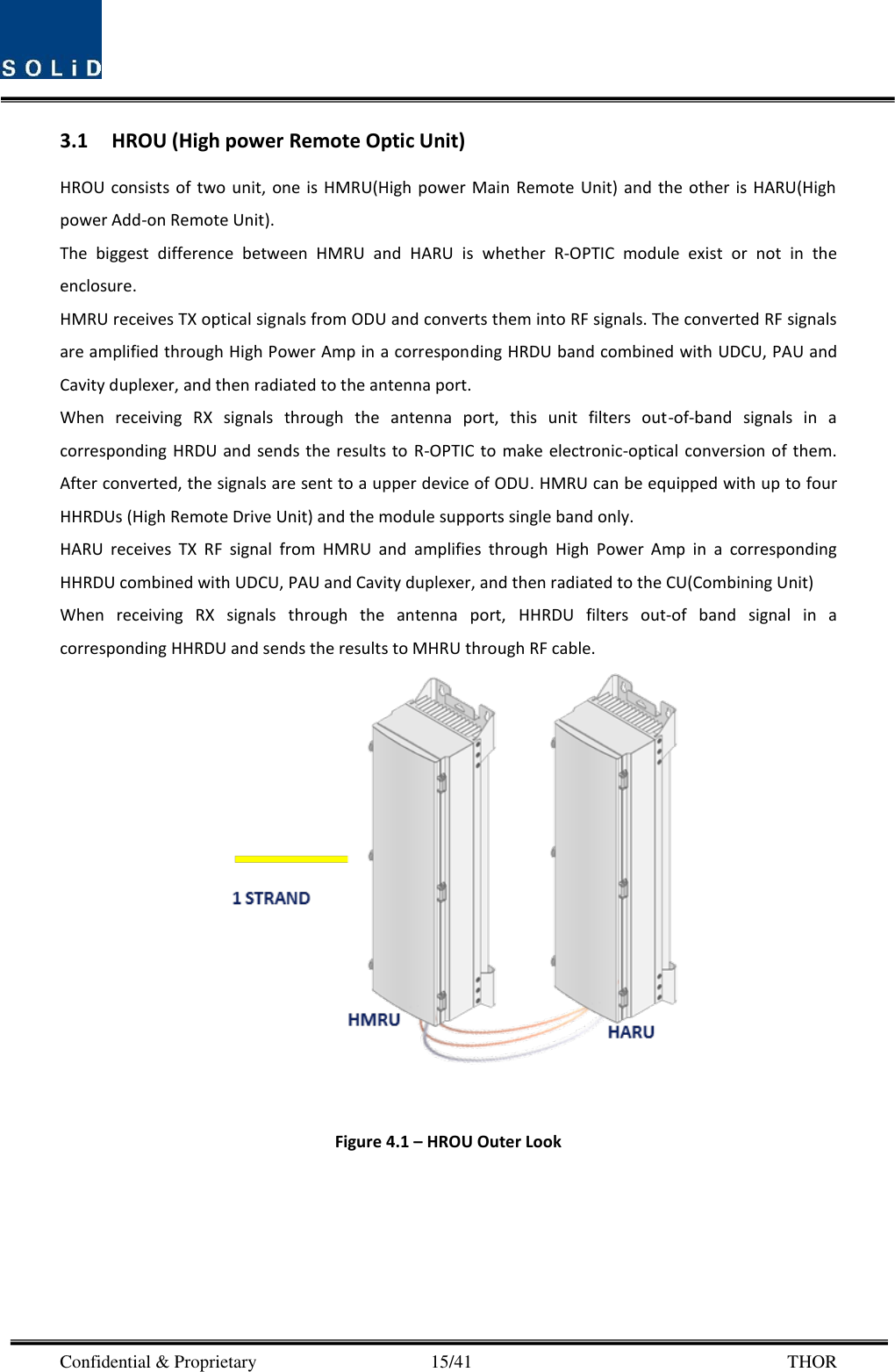  Confidential &amp; Proprietary                                      15/41       THOR 3.1 HROU (High power Remote Optic Unit) HROU consists of two  unit,  one  is HMRU(High  power  Main  Remote  Unit) and  the other  is HARU(High power Add-on Remote Unit). The  biggest  difference  between  HMRU  and  HARU  is  whether  R-OPTIC  module  exist  or  not  in  the enclosure. HMRU receives TX optical signals from ODU and converts them into RF signals. The converted RF signals are amplified through High Power Amp in a corresponding HRDU band combined with UDCU, PAU and Cavity duplexer, and then radiated to the antenna port. When  receiving  RX  signals  through  the  antenna  port,  this  unit  filters  out-of-band  signals  in  a corresponding HRDU and  sends the results to  R-OPTIC  to make  electronic-optical  conversion of them. After converted, the signals are sent to a upper device of ODU. HMRU can be equipped with up to four HHRDUs (High Remote Drive Unit) and the module supports single band only. HARU  receives  TX  RF  signal  from  HMRU  and  amplifies  through  High  Power  Amp  in  a  corresponding HHRDU combined with UDCU, PAU and Cavity duplexer, and then radiated to the CU(Combining Unit) When  receiving  RX  signals  through  the  antenna  port,  HHRDU  filters  out-of  band  signal  in  a corresponding HHRDU and sends the results to MHRU through RF cable.  Figure 4.1 – HROU Outer Look    