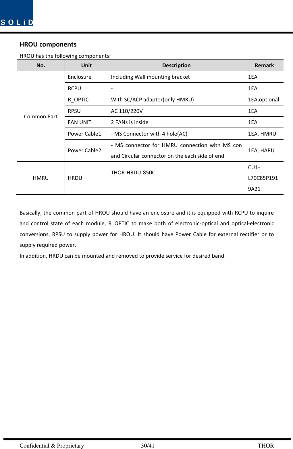  Confidential &amp; Proprietary                                      30/41       THOR HROU components HROU has the following components: No. Unit Description Remark Common Part Enclosure Including Wall mounting bracket 1EA RCPU - 1EA R_OPTIC With SC/ACP adaptor(only HMRU) 1EA,optional RPSU AC 110/220V 1EA FAN UNIT 2 FANs is inside 1EA Power Cable1 - MS Connector with 4 hole(AC) 1EA, HMRU Power Cable2 -  MS  connector  for  HMRU  connection  with  MS  con and Circular connector on the each side of end 1EA, HARU HMRU HRDU THOR-HRDU-850C  CU1-L70C85P1919A21  Basically, the common part of HROU should have an enclosure and it is equipped with RCPU to inquire and  control  state  of  each  module,  R_OPTIC  to  make  both  of  electronic-optical  and  optical-electronic conversions,  RPSU  to  supply  power  for  HROU.  It  should  have  Power  Cable  for  external  rectifier  or  to supply required power. In addition, HRDU can be mounted and removed to provide service for desired band. 