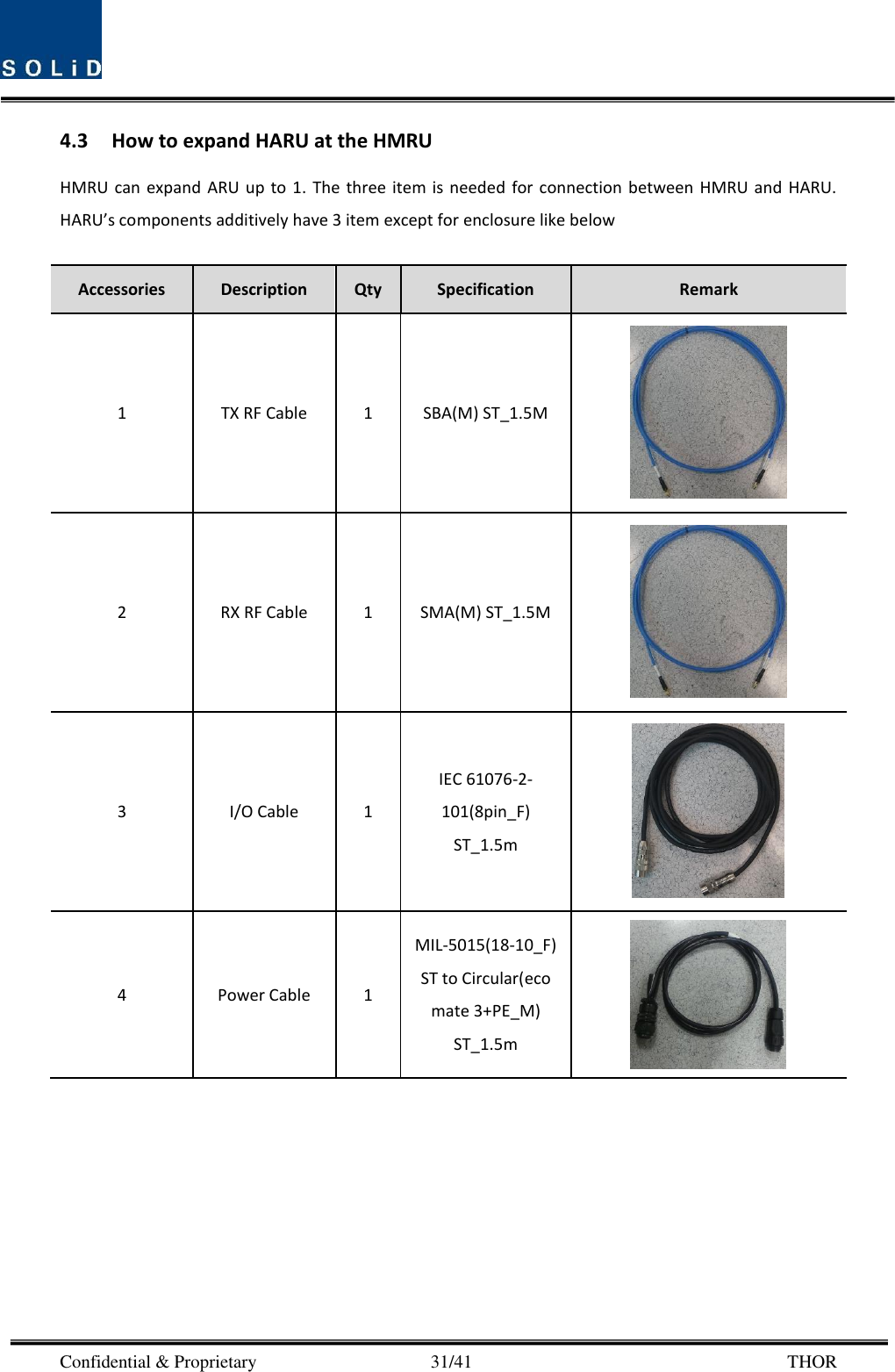  Confidential &amp; Proprietary                                      31/41       THOR 4.3 How to expand HARU at the HMRU HMRU can  expand  ARU  up to 1.  The three  item  is  needed  for  connection  between  HMRU  and  HARU. HARU’s components additively have 3 item except for enclosure like below  Accessories Description Qty Specification Remark 1 TX RF Cable 1 SBA(M) ST_1.5M  2 RX RF Cable 1 SMA(M) ST_1.5M  3 I/O Cable 1 IEC 61076-2-101(8pin_F) ST_1.5m  4 Power Cable 1 MIL-5015(18-10_F) ST to Circular(eco mate 3+PE_M) ST_1.5m  