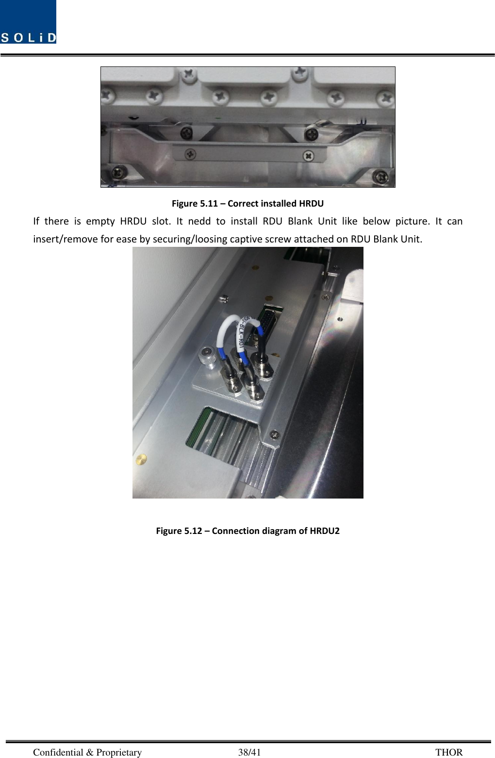  Confidential &amp; Proprietary                                      38/41       THOR  Figure 5.11 – Correct installed HRDU If  there  is  empty  HRDU  slot.  It  nedd  to  install  RDU  Blank  Unit  like  below  picture.  It  can insert/remove for ease by securing/loosing captive screw attached on RDU Blank Unit.     Figure 5.12 – Connection diagram of HRDU2     