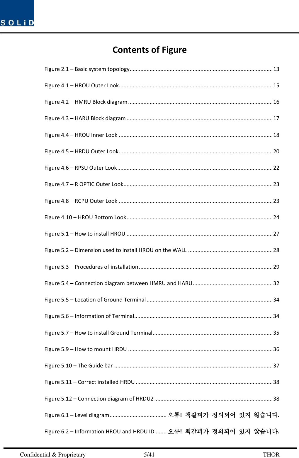  Confidential &amp; Proprietary                                      5/41       THOR Contents of Figure Figure 2.1 – Basic system topology............................................................................................. 13 Figure 4.1 – HROU Outer Look.................................................................................................... 15 Figure 4.2 – HMRU Block diagram .............................................................................................. 16 Figure 4.3 – HARU Block diagram ............................................................................................... 17 Figure 4.4 – HROU Inner Look .................................................................................................... 18 Figure 4.5 – HRDU Outer Look .................................................................................................... 20 Figure 4.6 – RPSU Outer Look ..................................................................................................... 22 Figure 4.7 – R OPTIC Outer Look................................................................................................. 23 Figure 4.8 – RCPU Outer Look .................................................................................................... 23 Figure 4.10 – HROU Bottom Look ............................................................................................... 24 Figure 5.1 – How to install HROU ............................................................................................... 27 Figure 5.2 – Dimension used to install HROU on the WALL ....................................................... 28 Figure 5.3 – Procedures of installation ....................................................................................... 29 Figure 5.4 – Connection diagram between HMRU and HARU .................................................... 32 Figure 5.5 – Location of Ground Terminal .................................................................................. 34 Figure 5.6 – Information of Terminal.......................................................................................... 34 Figure 5.7 – How to install Ground Terminal .............................................................................. 35 Figure 5.9 – How to mount HRDU .............................................................................................. 36 Figure 5.10 – The Guide bar ....................................................................................................... 37 Figure 5.11 – Correct installed HRDU ......................................................................................... 38 Figure 5.12 – Connection diagram of HRDU2 ............................................................................. 38 Figure 6.1 – Level diagram ..................................... 오류!  책갈피가 정의되어 있지 않습니다. Figure 6.2 – Information HROU and HRDU ID ....... 오류!  책갈피가 정의되어 있지 않습니다. 