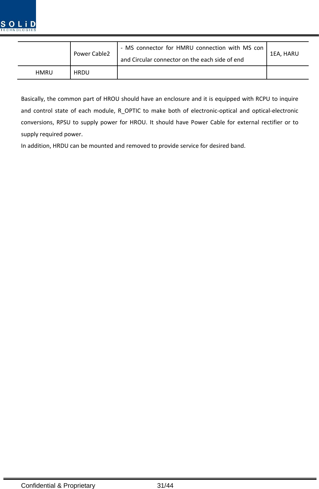  Confidential &amp; Proprietary                   31/44 PowerCable2‐ MSconnectorforHMRUconnectionwithMSconandCircularconnectorontheeachsideofend1EA,HARUHMRUHRDU Basically,thecommonpartofHROUshouldhaveanenclosureanditisequippedwithRCPUtoinquireandcontrolstateofeachmodule,R_OPTICtomakebothofelectronic‐opticalandoptical‐electronicconversions,RPSUtosupplypowerforHROU.ItshouldhavePowerCableforexternalrectifierortosupplyrequiredpower.Inaddition,HRDUcanbemountedandremovedtoprovideservicefordesiredband.