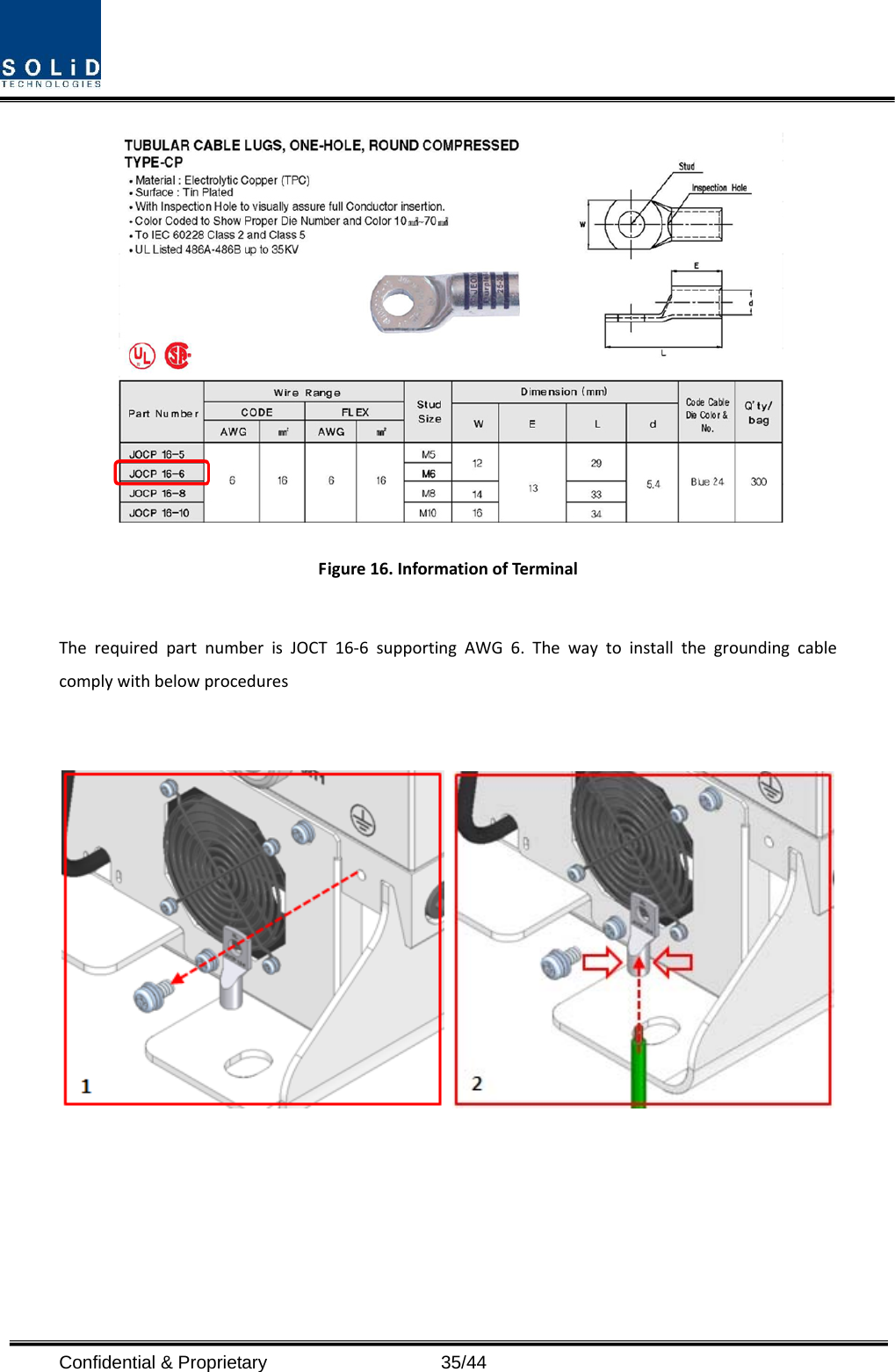  Confidential &amp; Proprietary                   35/44 Figure16.InformationofTerminalTherequiredpartnumberisJOCT16‐6supportingAWG6.Thewaytoinstallthegroundingcablecomplywithbelowprocedures
