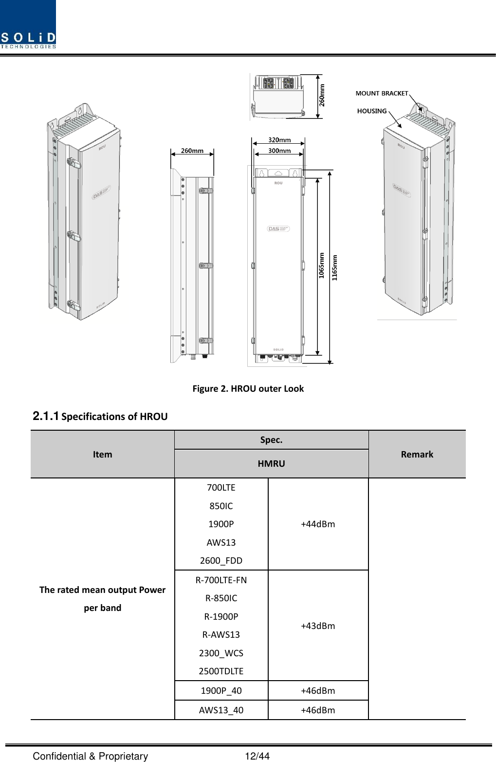  Confidential &amp; Proprietary                                      12/44  Figure 2. HROU outer Look 2.1.1 Specifications of HROU Item Spec. Remark HMRU The rated mean output Power per band 700LTE 850IC 1900P AWS13 2600_FDD +44dBm  R-700LTE-FN R-850IC R-1900P R-AWS13 2300_WCS 2500TDLTE +43dBm 1900P_40   +46dBm AWS13_40 +46dBm  