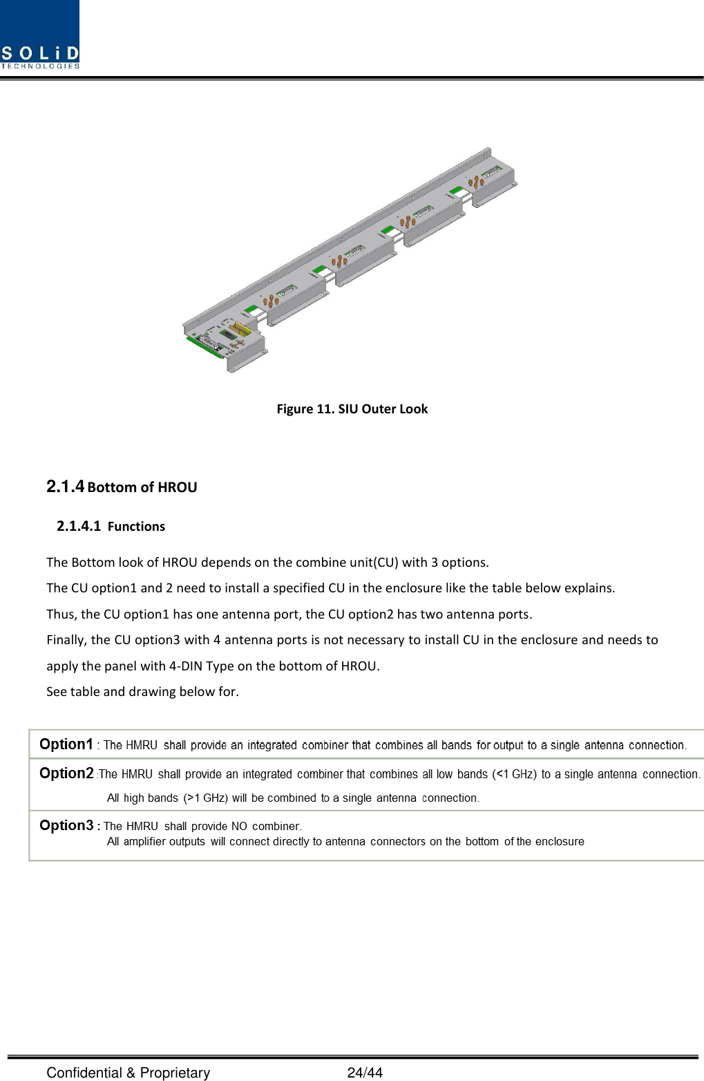  Confidential &amp; Proprietary                                      24/44   Figure 11. SIU Outer Look  2.1.4 Bottom of HROU 2.1.4.1 Functions The Bottom look of HROU depends on the combine unit(CU) with 3 options. The CU option1 and 2 need to install a specified CU in the enclosure like the table below explains. Thus, the CU option1 has one antenna port, the CU option2 has two antenna ports. Finally, the CU option3 with 4 antenna ports is not necessary to install CU in the enclosure and needs to apply the panel with 4-DIN Type on the bottom of HROU.   See table and drawing below for.        