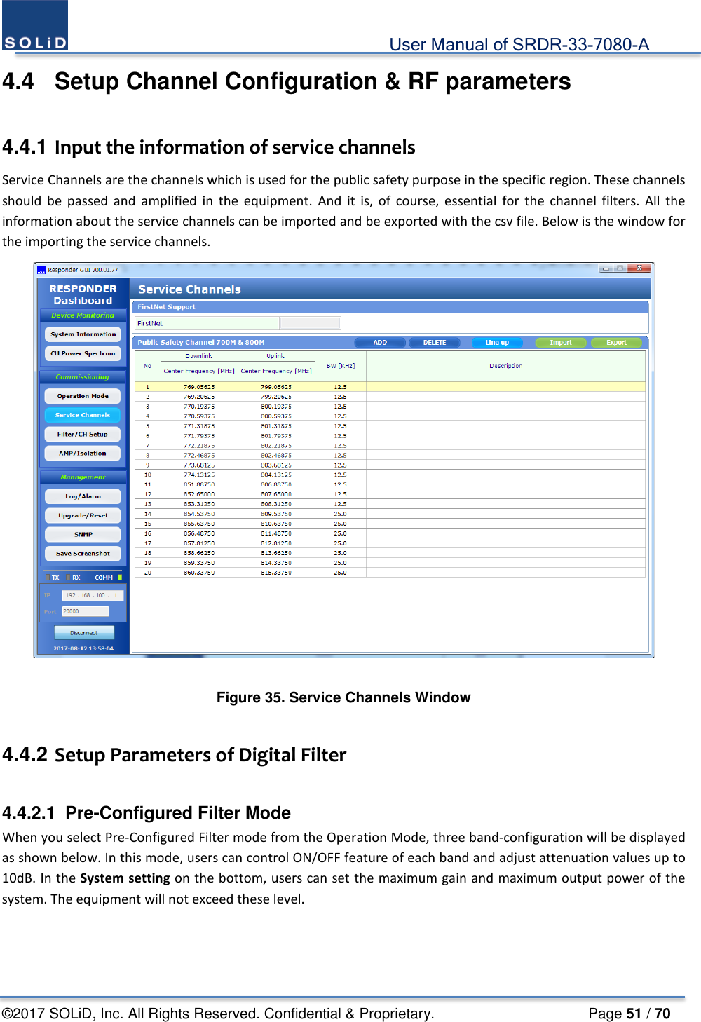                                             User Manual of SRDR-33-7080-A ©2017 SOLiD, Inc. All Rights Reserved. Confidential &amp; Proprietary.                     Page 51 / 70 4.4  Setup Channel Configuration &amp; RF parameters  4.4.1 Input the information of service channels Service Channels are the channels which is used for the public safety purpose in the specific region. These channels should be passed and amplified in the equipment. And it is, of course, essential for the channel filters. All the information about the service channels can be imported and be exported with the csv file. Below is the window for the importing the service channels.  Figure 35. Service Channels Window  4.4.2 Setup Parameters of Digital Filter  4.4.2.1 Pre-Configured Filter Mode When you select Pre-Configured Filter mode from the Operation Mode, three band-configuration will be displayed as shown below. In this mode, users can control ON/OFF feature of each band and adjust attenuation values up to 10dB. In the System setting on the bottom, users can set the maximum gain and maximum output power of the system. The equipment will not exceed these level. 