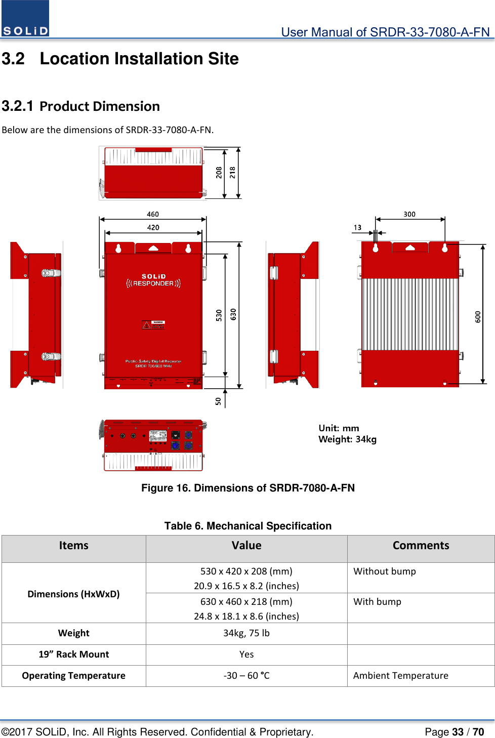                                             User Manual of SRDR-33-7080-A-FN ©2017 SOLiD, Inc. All Rights Reserved. Confidential &amp; Proprietary.                     Page 33 / 70 3.2  Location Installation Site  3.2.1 Product Dimension Below are the dimensions of SRDR-33-7080-A-FN.  Figure 16. Dimensions of SRDR-7080-A-FN  Table 6. Mechanical Specification Items Value Comments Dimensions (HxWxD) 530 x 420 x 208 (mm) 20.9 x 16.5 x 8.2 (inches) Without bump 630 x 460 x 218 (mm) 24.8 x 18.1 x 8.6 (inches) With bump   Weight 34kg, 75 lb   19” Rack Mount Yes   Operating Temperature -30 – 60 °C  Ambient Temperature  