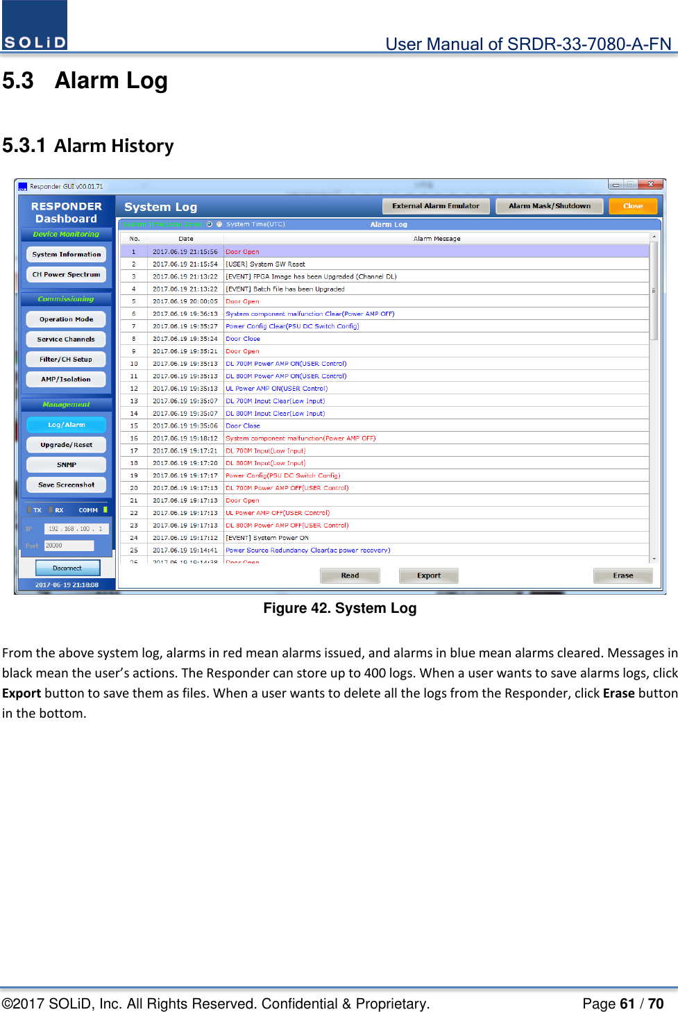                                             User Manual of SRDR-33-7080-A-FN ©2017 SOLiD, Inc. All Rights Reserved. Confidential &amp; Proprietary.                     Page 61 / 70 5.3  Alarm Log  5.3.1 Alarm History   Figure 42. System Log  From the above system log, alarms in red mean alarms issued, and alarms in blue mean alarms cleared. Messages in black mean the user’s actions. The Responder can store up to 400 logs. When a user wants to save alarms logs, click Export button to save them as files. When a user wants to delete all the logs from the Responder, click Erase button in the bottom.    