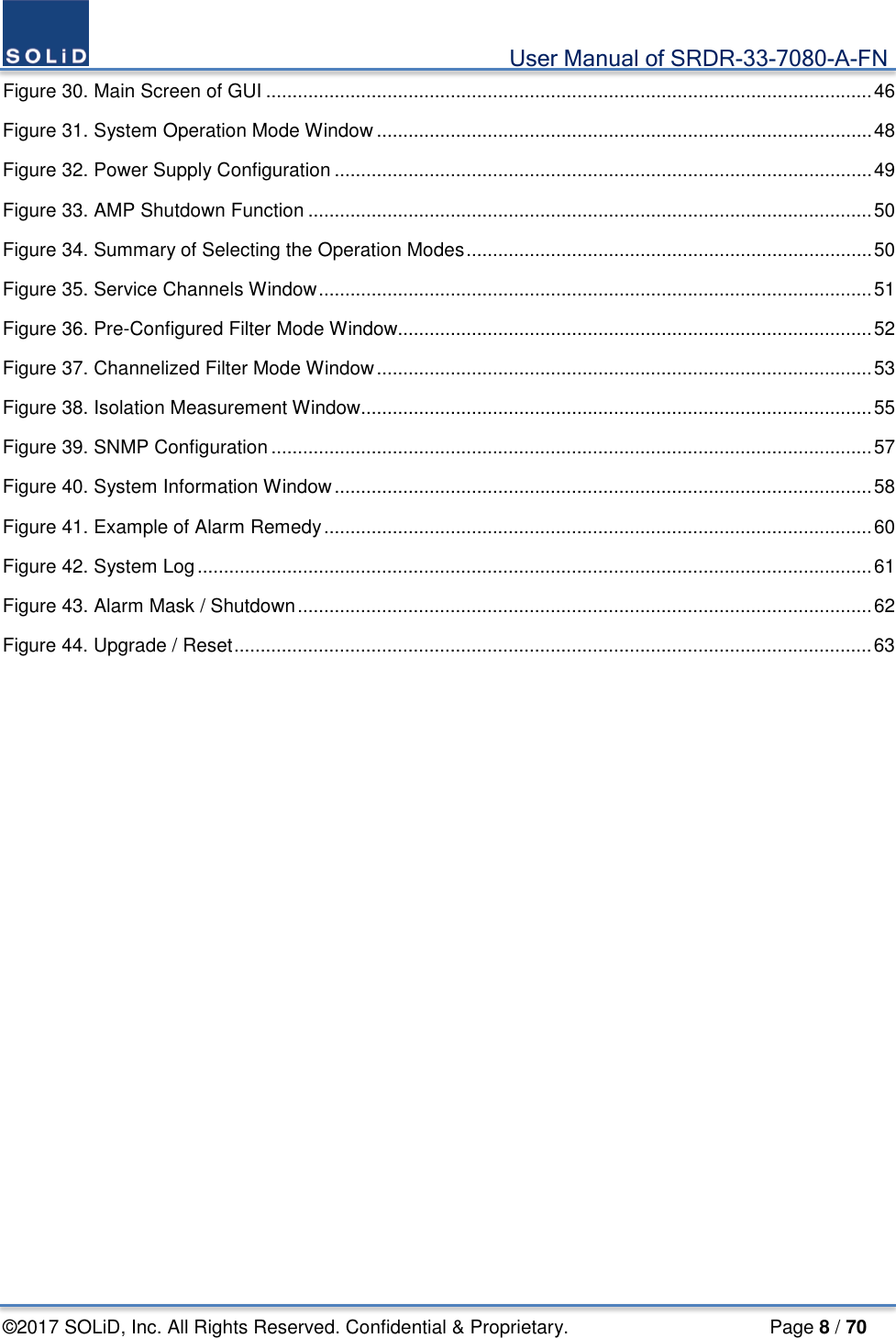                                             User Manual of SRDR-33-7080-A-FN ©2017 SOLiD, Inc. All Rights Reserved. Confidential &amp; Proprietary.                     Page 8 / 70 Figure 30. Main Screen of GUI ................................................................................................................... 46 Figure 31. System Operation Mode Window .............................................................................................. 48 Figure 32. Power Supply Configuration ...................................................................................................... 49 Figure 33. AMP Shutdown Function ........................................................................................................... 50 Figure 34. Summary of Selecting the Operation Modes ............................................................................. 50 Figure 35. Service Channels Window ......................................................................................................... 51 Figure 36. Pre-Configured Filter Mode Window.......................................................................................... 52 Figure 37. Channelized Filter Mode Window .............................................................................................. 53 Figure 38. Isolation Measurement Window ................................................................................................. 55 Figure 39. SNMP Configuration .................................................................................................................. 57 Figure 40. System Information Window ...................................................................................................... 58 Figure 41. Example of Alarm Remedy ........................................................................................................ 60 Figure 42. System Log ................................................................................................................................ 61 Figure 43. Alarm Mask / Shutdown ............................................................................................................. 62 Figure 44. Upgrade / Reset ......................................................................................................................... 63     