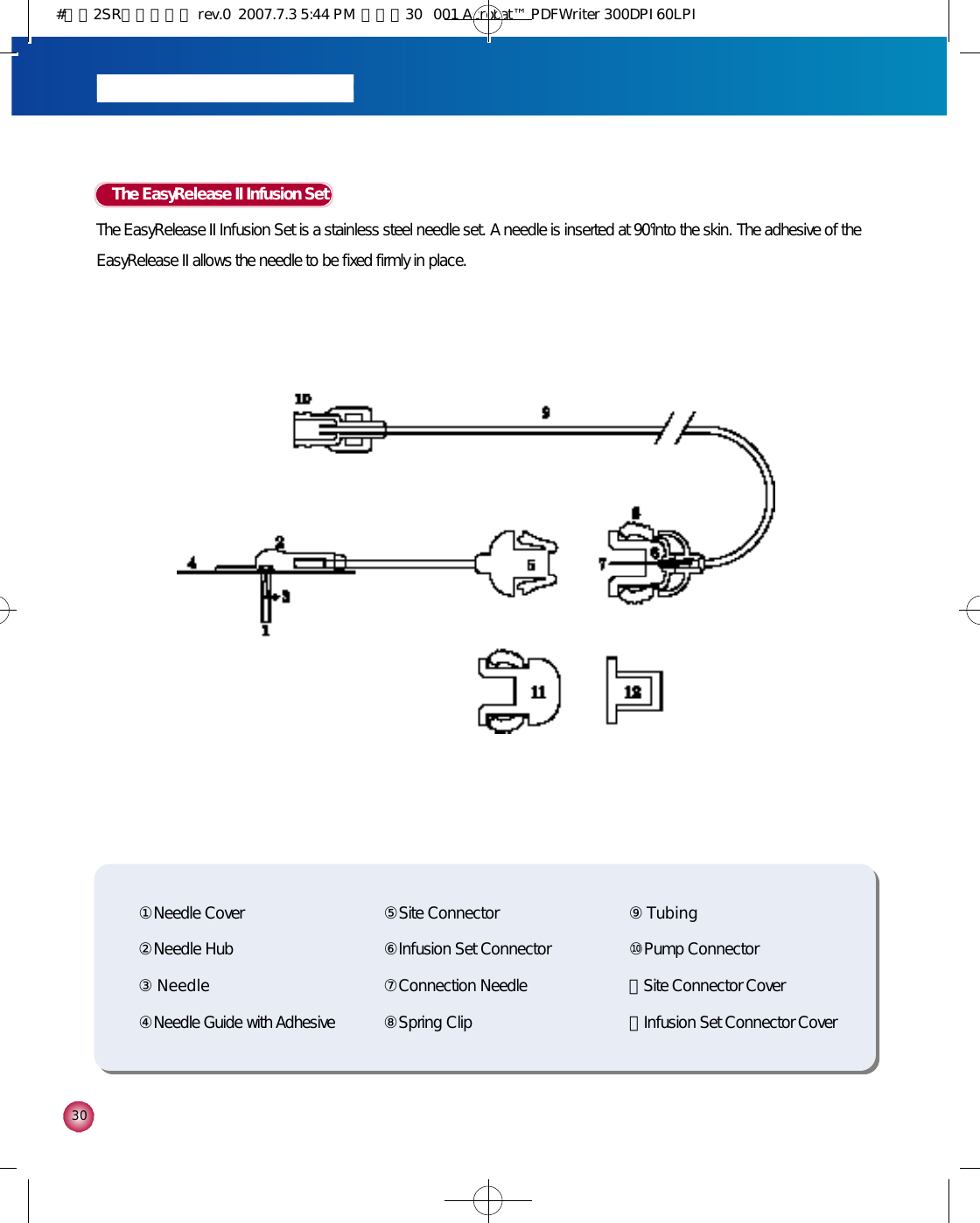 3 0The EasyRelease II Infusion SetThe EasyRelease II Infusion Set is a stainless steel needle set. A needle is inserted at 90°into the skin. The adhesive of theEasyRelease II allows the needle to be fixed firmly in place. ①Needle Cover ②Needle Hub③N e e d l e④Needle Guide with Adhesive⑤Site Connector⑥Infusion Set Connector⑦Connection Needle⑧Spring Clip⑨T u b i n g⑩Pump Connector⑪Site Connector Cover⑫Infusion Set Connector Cover#다나2SR영문메뉴얼 rev.0  2007.7.3 5:44 PM  페이지30   001 Acrobat™ PDFWriter 300DPI 60LPI