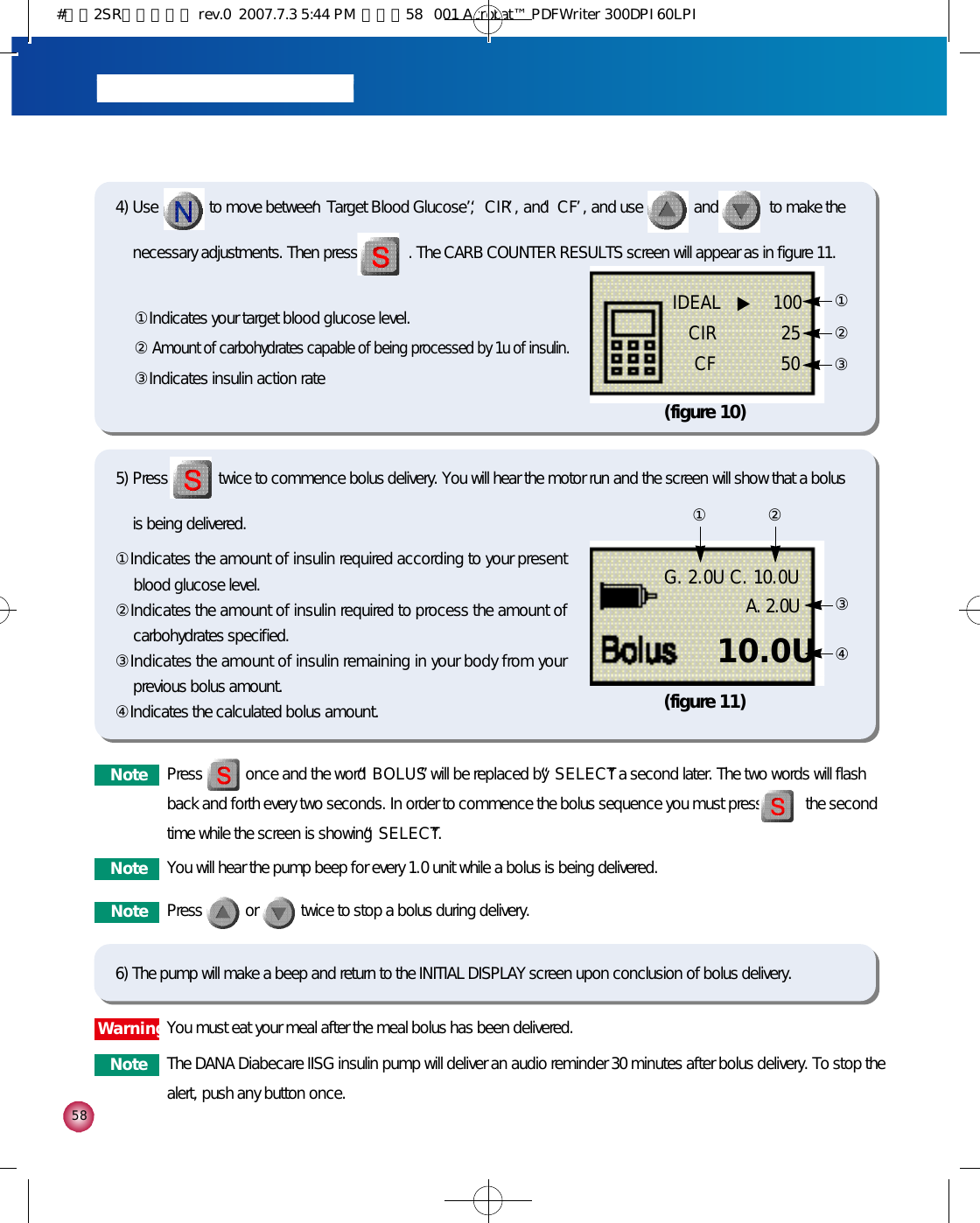 5 8(figure 10)③①②①Indicates your target blood glucose level.②Amount of carbohydrates capable of being processed by 1u of insulin. ③Indicates insulin action rate4) Use             to move between ‘Target Blood Glucose’, ‘C I R’, and ‘C F’, and use             and             to make thenecessary adjustments. Then press             . The CARB COUNTER RESULTS screen will appear as in figure 11. IDEAL   ▶ 1 0 0CIR    25CF    50N o t e Press           once and the word “B O L U S”will be replaced by “S E L E C T”a second later. The two words will flashback and forth every two seconds. In order to commence the bolus sequence you must press           the secondtime while the screen is showing “S E L E C T”.N o t e You will hear the pump beep for every 1.0 unit while a bolus is being delivered. N o t e Press           or           twice to stop a bolus during delivery.(figure 11)③④① ②①Indicates the amount of insulin required according to your presentblood glucose level. ②Indicates the amount of insulin required to process the amount ofcarbohydrates specified.   ③Indicates the amount of insulin remaining in your body from yourprevious bolus amount. ④Indicates the calculated bolus amount. G. 2.0U C. 10.0UA. 2.0U1 0 . 0 U5) Press             twice to commence bolus delivery. You will hear the motor run and the screen will show that a bolusis being delivered.6) The pump will make a beep and return to the INITIAL DISPLAY screen upon conclusion of bolus delivery.W a r n i n gYou must eat your meal after the meal bolus has been delivered.N o t e The DANA Diabecare IISG insulin pump will deliver an audio reminder 30 minutes after bolus delivery. To stop thealert, push any button once. #다나2SR영문메뉴얼 rev.0  2007.7.3 5:44 PM  페이지58   001 Acrobat™ PDFWriter 300DPI 60LPI