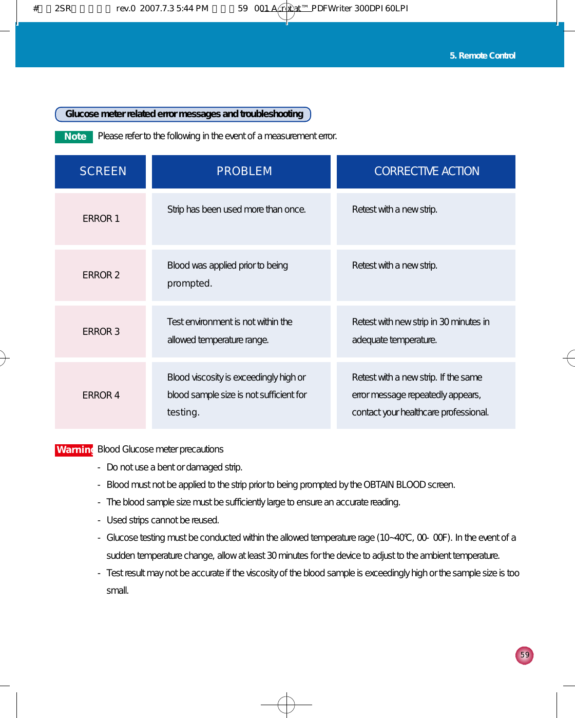 5 95. Remote ControlGlucose meter related error messages and troubleshootingS C R E E N P R O B L E M CORRECTIVE ACTIONStrip has been used more than once.ERROR 1 Retest with a new strip.Blood was applied prior to beingp r o m p t e d .ERROR 2 Retest with a new strip.Test environment is not within theallowed temperature range.ERROR 3 Retest with new strip in 30 minutes inadequate temperature.Blood viscosity is exceedingly high orblood sample size is not sufficient fort e s t i n g .ERROR 4Retest with a new strip. If the sameerror message repeatedly appears,contact your healthcare professional. N o t e Please refer to the following in the event of a measurement error. W a r n i n gBlood Glucose meter precautions- Do not use a bent or damaged strip.- Blood must not be applied to the strip prior to being prompted by the OBTAIN BLOOD screen.- The blood sample size must be sufficiently large to ensure an accurate reading. - Used strips cannot be reused. - Glucose testing must be conducted within the allowed temperature rage (10~40°C, 00-00F). In the event of asudden temperature change, allow at least 30 minutes for the device to adjust to the ambient temperature. - Test result may not be accurate if the viscosity of the blood sample is exceedingly high or the sample size is toosmall. #다나2SR영문메뉴얼 rev.0  2007.7.3 5:44 PM  페이지59   001 Acrobat™ PDFWriter 300DPI 60LPI