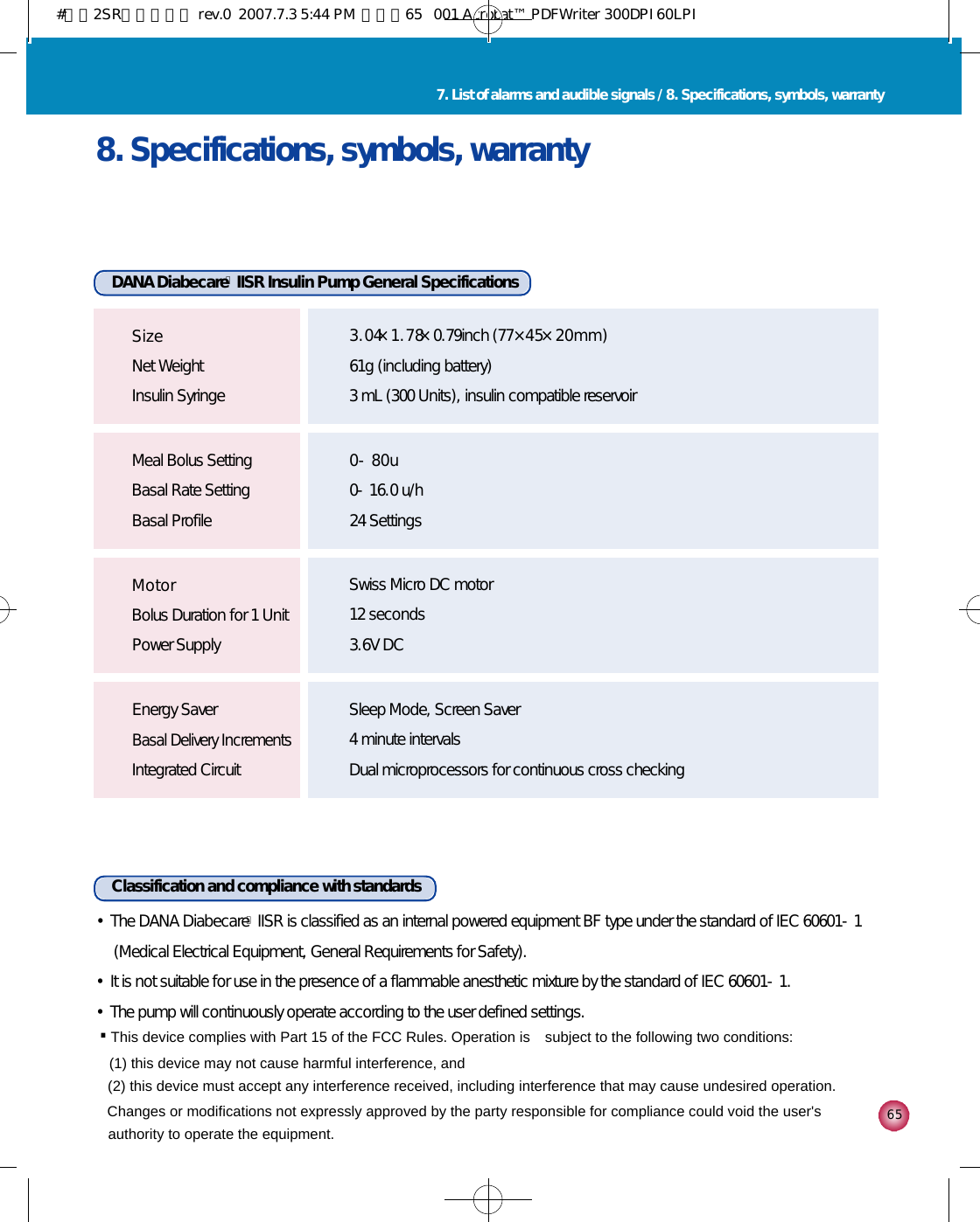 6 5Classification and compliance with standards•The DANA DiabecareⓇIISR is classified as an internal powered equipment BF type under the standard of IEC 60601-1(Medical Electrical Equipment, General Requirements for Safety). •It is not suitable for use in the presence of a flammable anesthetic mixture by the standard of IEC 60601-1.•The pump will continuously operate according to the user defined settings.8. Specifications, symbols, warrantyDANA DiabecareⓇIISR Insulin Pump General Specifications3 . 0 4×1 . 7 8×0.79inch (77×4 5×2 0 m m )61g (including battery)3 mL (300 Units), insulin compatible reservoirS i z eNet WeightInsulin Syringe0 - 8 0 u0-16.0 u/h24 SettingsMeal Bolus SettingBasal Rate SettingBasal ProfileSwiss Micro DC motor12 seconds3.6V DCM o t o rBolus Duration for 1 UnitPower SupplySleep Mode, Screen Saver4 minute intervalsDual microprocessors for continuous cross checkingEnergy SaverBasal Delivery IncrementsIntegrated Circuit7. List of alarms and audible signals / 8. Specifications, symbols, warranty#다나2SR영문메뉴얼 rev.0  2007.7.3 5:44 PM  페이지65   001 Acrobat™ PDFWriter 300DPI 60LPI (2) this device must accept any interference received, including interference that may cause undesired operation.This device complies with Part 15 of the FCC Rules. Operation is subject to the following two conditions: (1) this device may not cause harmful interference, and.Changes or modifications not expressly approved by the party responsible for compliance could void the user&apos;s authority to operate the equipment.