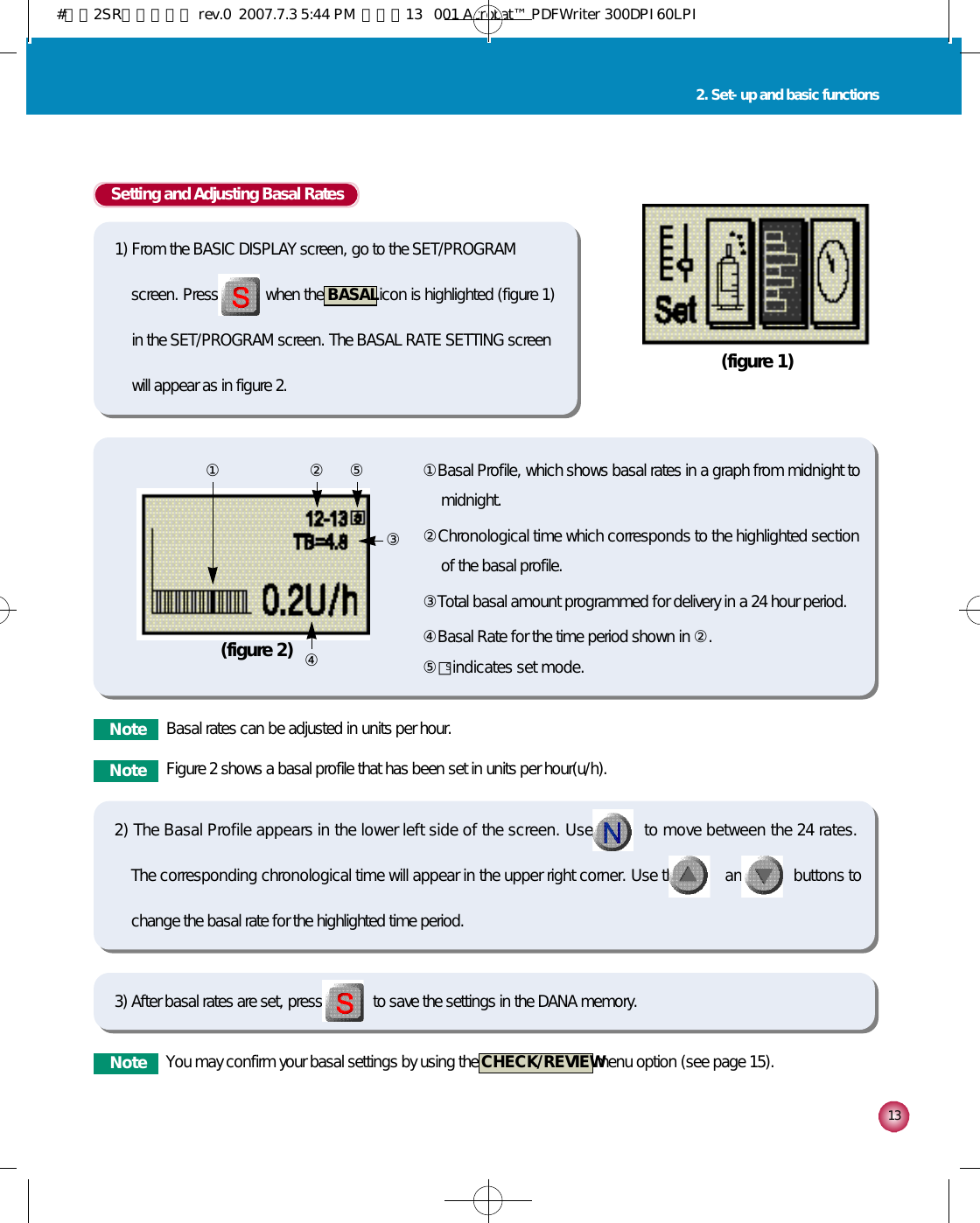 1 32. Set-up and basic functions(figure 1)①Basal Profile, which shows basal rates in a graph from midnight tomidnight. ②Chronological time which corresponds to the highlighted sectionof the basal profile. ③Total basal amount programmed for delivery in a 24 hour period.④Basal Rate for the time period shown in ②.  ⑤□indicates set mode.(figure 2)① ② ⑤④③Setting and Adjusting Basal Rates1) From the BASIC DISPLAY screen, go to the SET/PROGRAMscreen. Press            when the  B A S A Licon is highlighted (figure 1)in the SET/PROGRAM screen. The BASAL RATE SETTING screenwill appear as in figure 2.2) The Basal Profile appears in the lower left side of the screen. Use           to move between the 24 rates. The corresponding chronological time will appear in the upper right corner. Use the          and          buttons tochange the basal rate for the highlighted time period.3) After basal rates are set, press             to save the settings in the DANA memory.N o t e Basal rates can be adjusted in units per hour.N o t e Figure 2 shows a basal profile that has been set in units per hour(u/h). N o t e You may confirm your basal settings by using the  C H E C K / R E V I E Wmenu option (see page 15). S#다나2SR영문메뉴얼 rev.0  2007.7.3 5:44 PM  페이지13   001 Acrobat™ PDFWriter 300DPI 60LPI