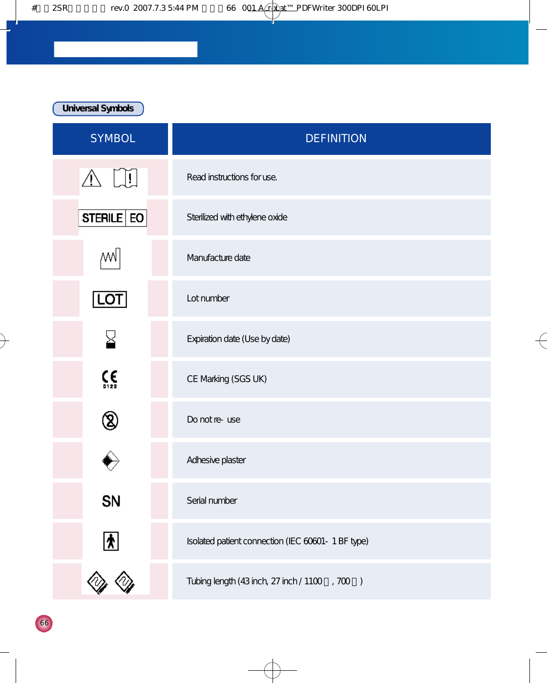 6 6Universal SymbolsS Y M B O L D E F I N I T I O NRead instructions for use.Sterilized with ethylene oxideManufacture dateLot numberExpiration date (Use by date)CE Marking (SGS UK)Do not re-useAdhesive plasterSerial numberIsolated patient connection (IEC 60601-1 BF type) Tubing length (43 inch, 27 inch / 1100 ㎜, 700 ㎜)#다나2SR영문메뉴얼 rev.0  2007.7.3 5:44 PM  페이지66   001 Acrobat™ PDFWriter 300DPI 60LPI