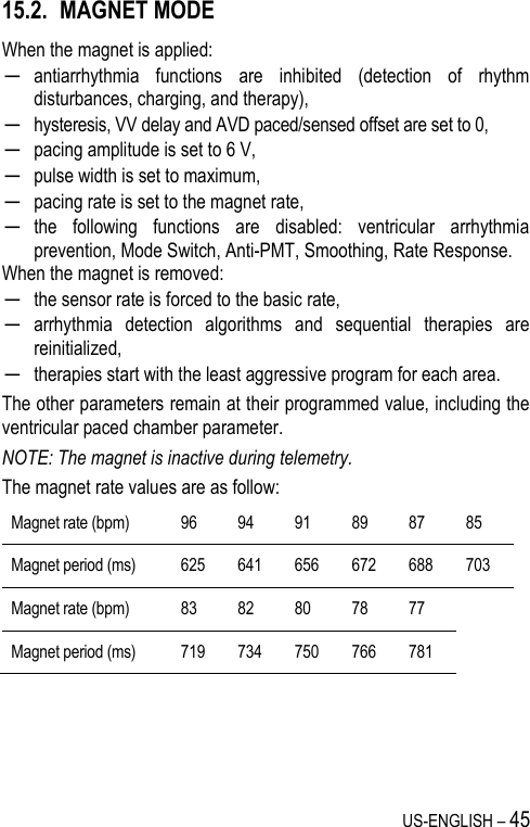 US-ENGLISH – 45 15.2. MAGNET MODE When the magnet is applied: ─ antiarrhythmia  functions  are  inhibited  (detection  of  rhythm disturbances, charging, and therapy), ─ hysteresis, VV delay and AVD paced/sensed offset are set to 0, ─ pacing amplitude is set to 6 V, ─ pulse width is set to maximum, ─ pacing rate is set to the magnet rate, ─ the  following  functions  are  disabled:  ventricular  arrhythmia prevention, Mode Switch, Anti-PMT, Smoothing, Rate Response. When the magnet is removed: ─ the sensor rate is forced to the basic rate, ─ arrhythmia  detection  algorithms  and  sequential  therapies  are reinitialized, ─ therapies start with the least aggressive program for each area. The other parameters remain at their programmed value, including the ventricular paced chamber parameter. NOTE: The magnet is inactive during telemetry. The magnet rate values are as follow: Magnet rate (bpm) 96 94 91 89 87 85 Magnet period (ms) 625 641 656 672 688 703 Magnet rate (bpm) 83 82 80 78 77  Magnet period (ms) 719 734 750 766 781  