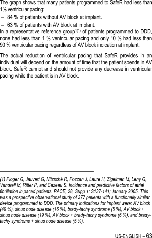 US-ENGLISH – 63 The graph shows that many patients programmed to SafeR had less than 1% ventricular pacing:  84 % of patients without AV block at implant.  63 % of patients with AV block at implant. In a representative reference group1(1)  of patients programmed to DDD, none had less than 1 % ventricular pacing and only 10 % had less than 90 % ventricular pacing regardless of AV block indication at implant. The  actual  reduction  of  ventricular  pacing  that  SafeR  provides  in  an individual will depend on the amount of time that the patient spends in AV block. SafeR cannot and should not provide any decrease in ventricular pacing while the patient is in AV block.                                                            (1) Pioger G, Jauvert G, Nitzsché R, Pozzan J, Laure H, Zigelman M, Leny G, Vandrell M, Ritter P, and Cazeau S. Incidence and predictive factors of atrial fibrillation in paced patients. PACE, 28, Supp 1: S137-141; January 2005. This was a prospective observational study of 377 patients with a functionally similar device programmed to DDD. The primary indications for implant were: AV block (49 %), sinus node disease (16 %), brady-tachy syndrome (5 %), AV block + sinus node disease (19 %), AV block + brady-tachy syndrome (6 %), and brady-tachy syndrome + sinus node disease (5 %).  